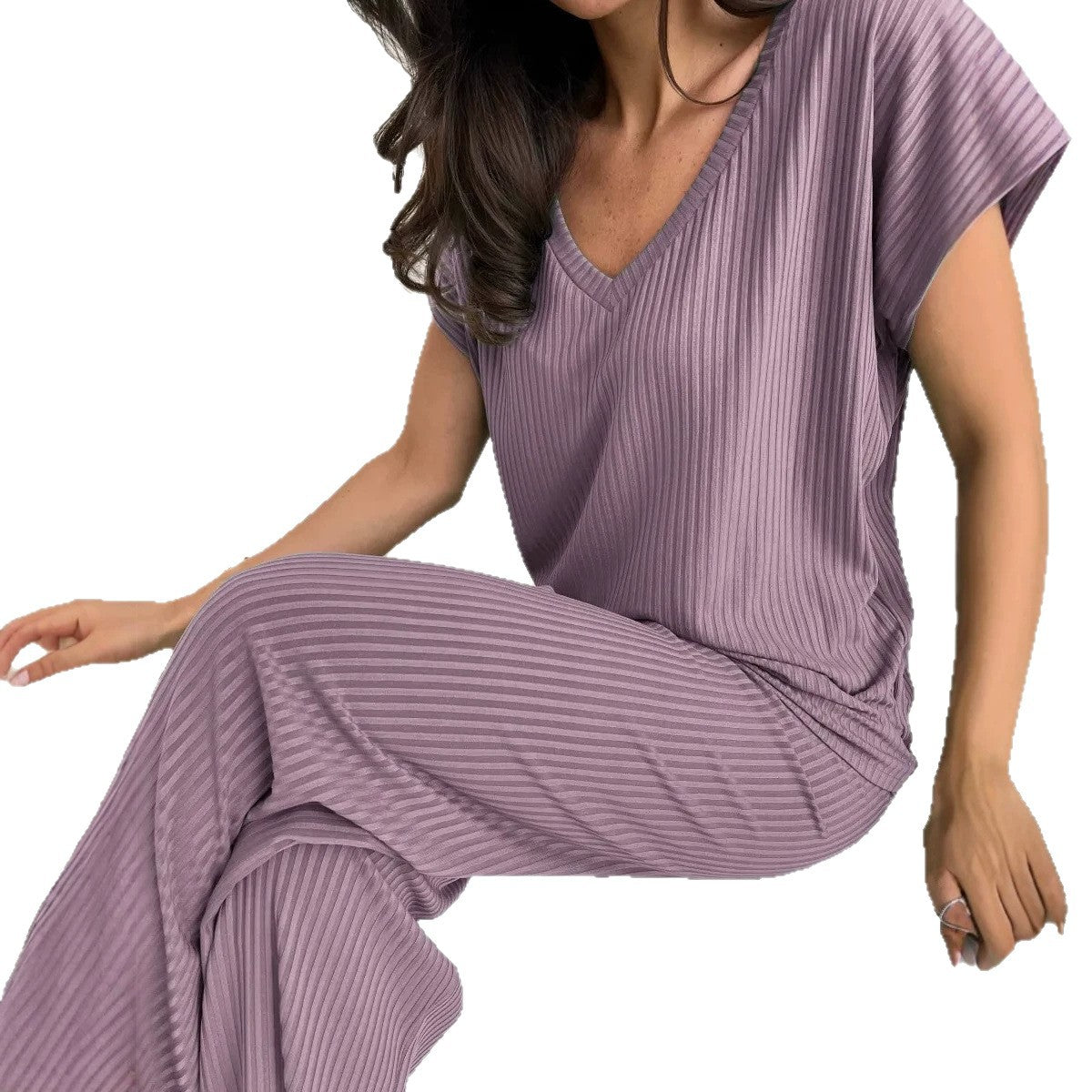 Relaxed-fit Casual Two-piece Set With Short Sleeves And Wide-leg Pants