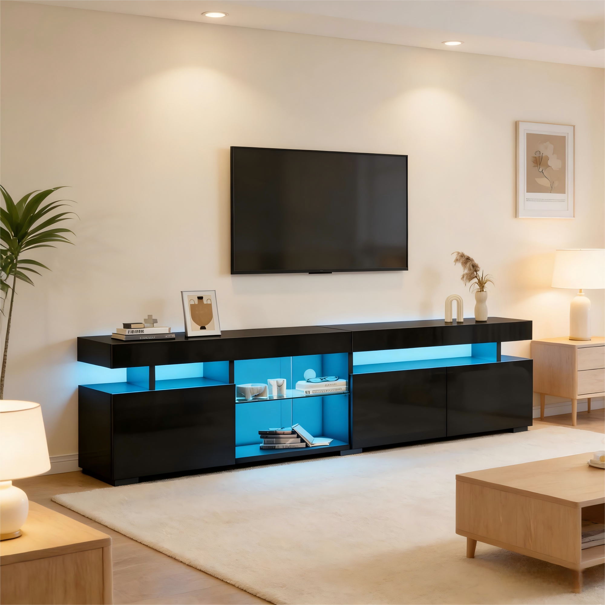 180 X 35 X 45 Cm TV Cabinet, Lowboard, High-gloss TV Cabinet With 3 Doors, Adjustable Shelves Made Of Tempered Glass, Suitable For TVs Up To Approx. 80 Inches, Chipboard, Black