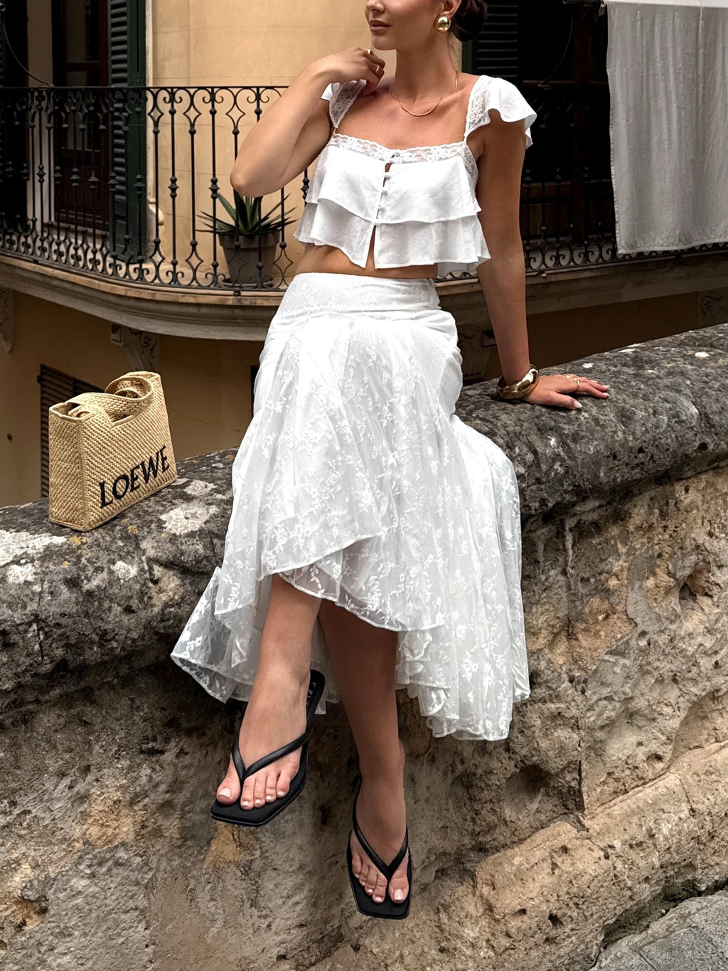 Lace Ruffle Crop Cami & High Waist Flared Midi Skirt 2-Piece Set