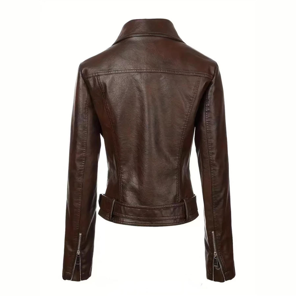Womens Short Lapel-collar Leather Jacket In A Biker Style
