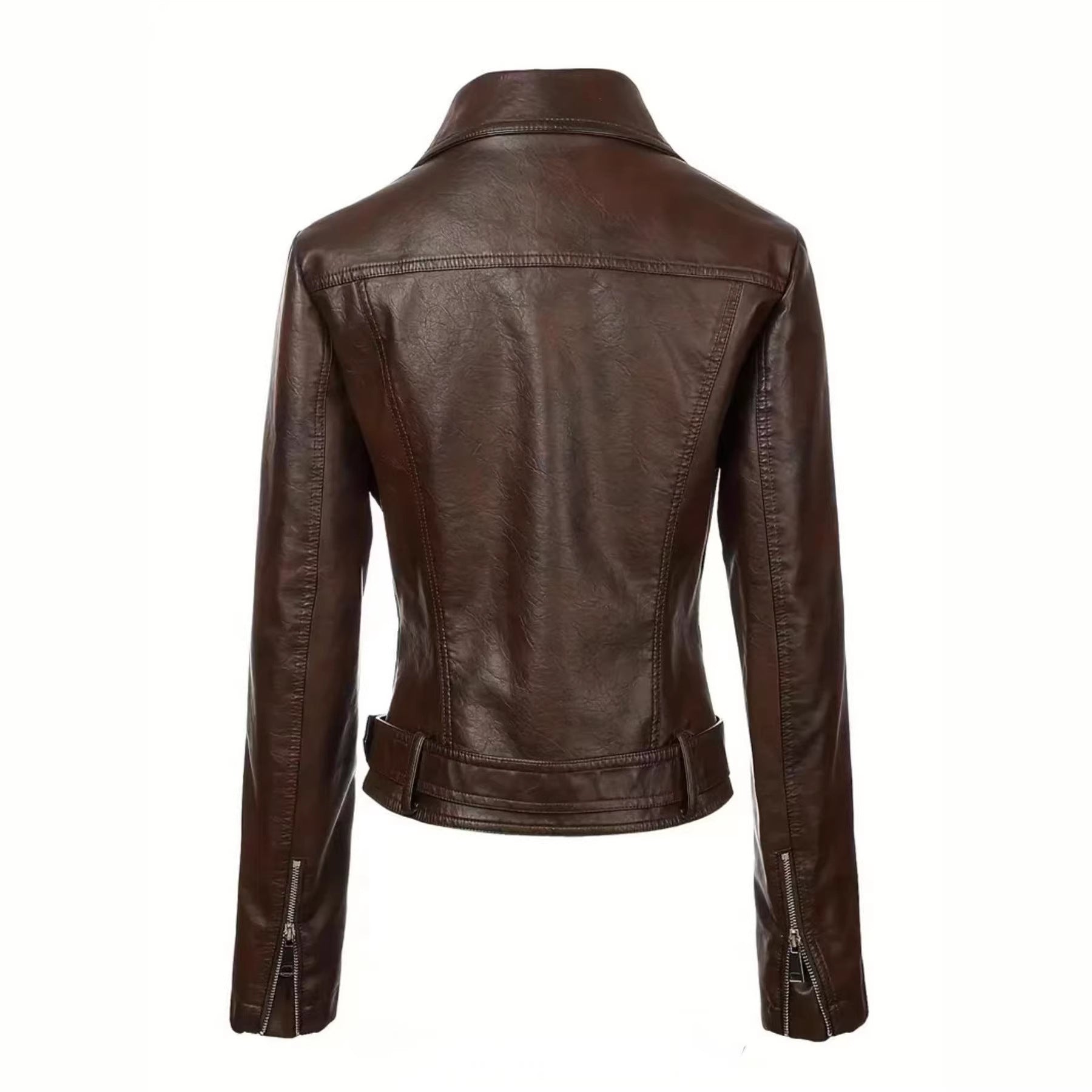 Womens Short Lapel-collar Leather Jacket In A Biker Style