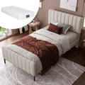 Upholstered Single Bed 90 X 200 Cm, Bed Frame With Lattice And Adjustable Head, Upholstered Bed In Grey-Beige, Bed Frame Youth Bed For Bedroom Guest Room Linen Material With Mattress