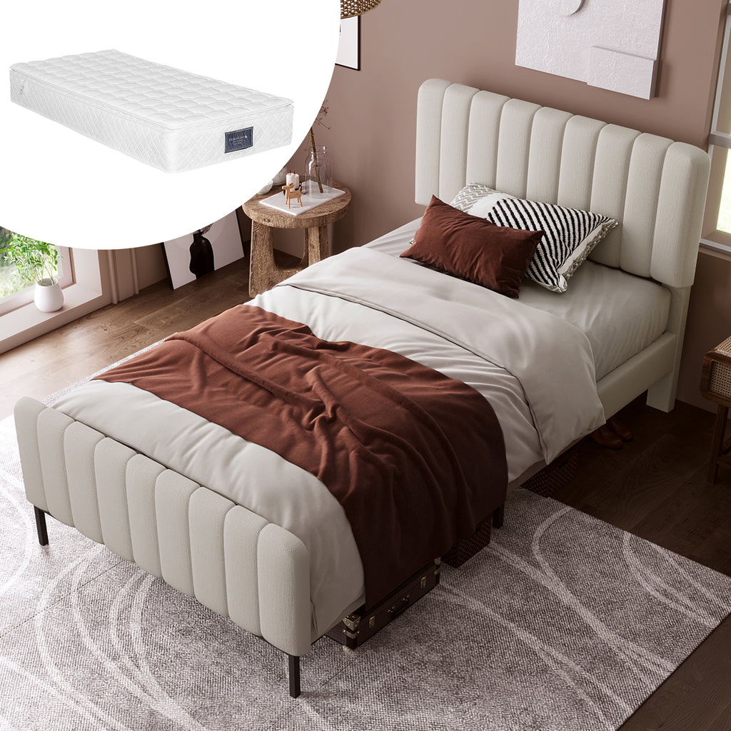 Upholstered Single Bed 90 X 200 Cm, Bed Frame With Lattice And Adjustable Head, Upholstered Bed In Grey-Beige, Bed Frame Youth Bed For Bedroom Guest Room Linen Material With Mattress
