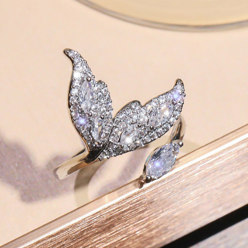 Micro Paved Elaborate Leaf Open Ring With Zircon Stones