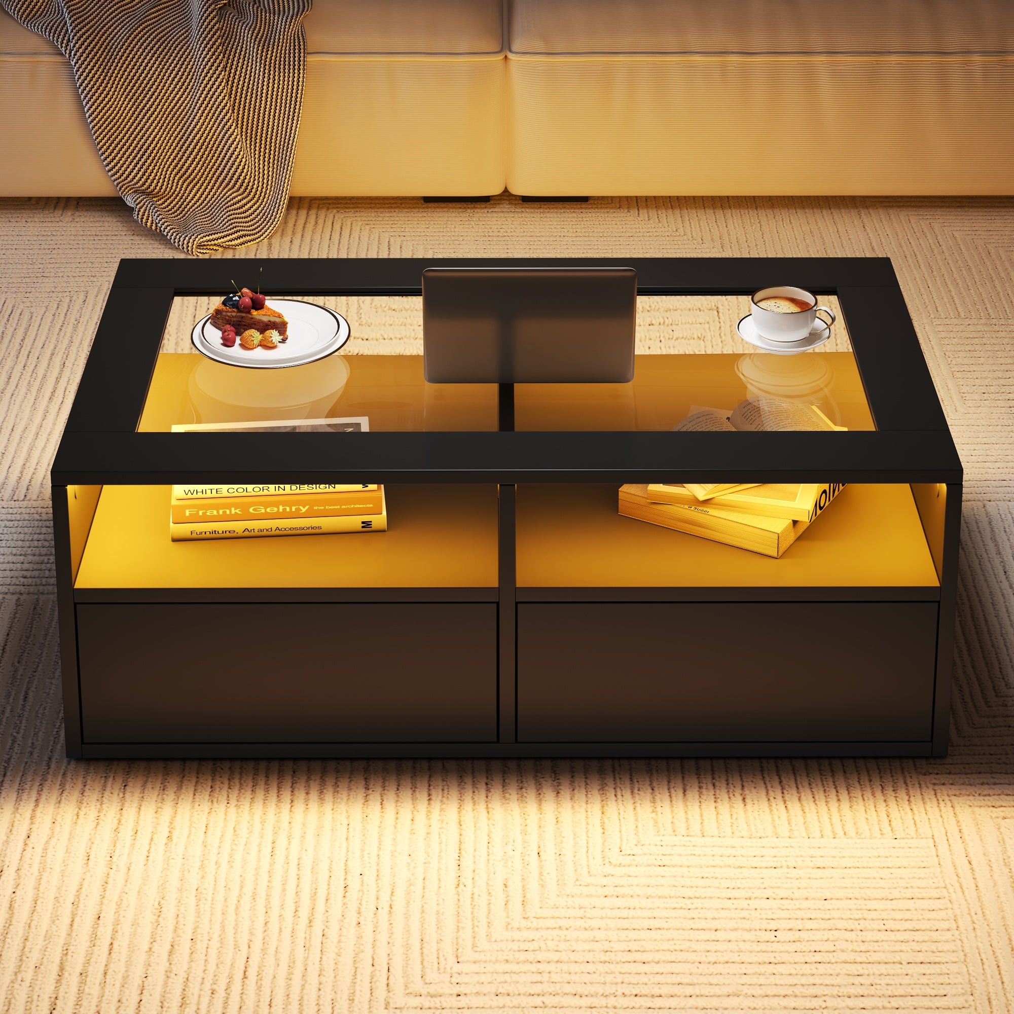 10 0 X50x35cm Couchtisch Mit LED-Licht, Sofatisch Mit 2 Schubladen, Wohnzimmertisch Aus Glas, Teetisch Doppelschichtiges Design, Offener Stauraum, Wohnzimmer Beistelltisch, Schwarz