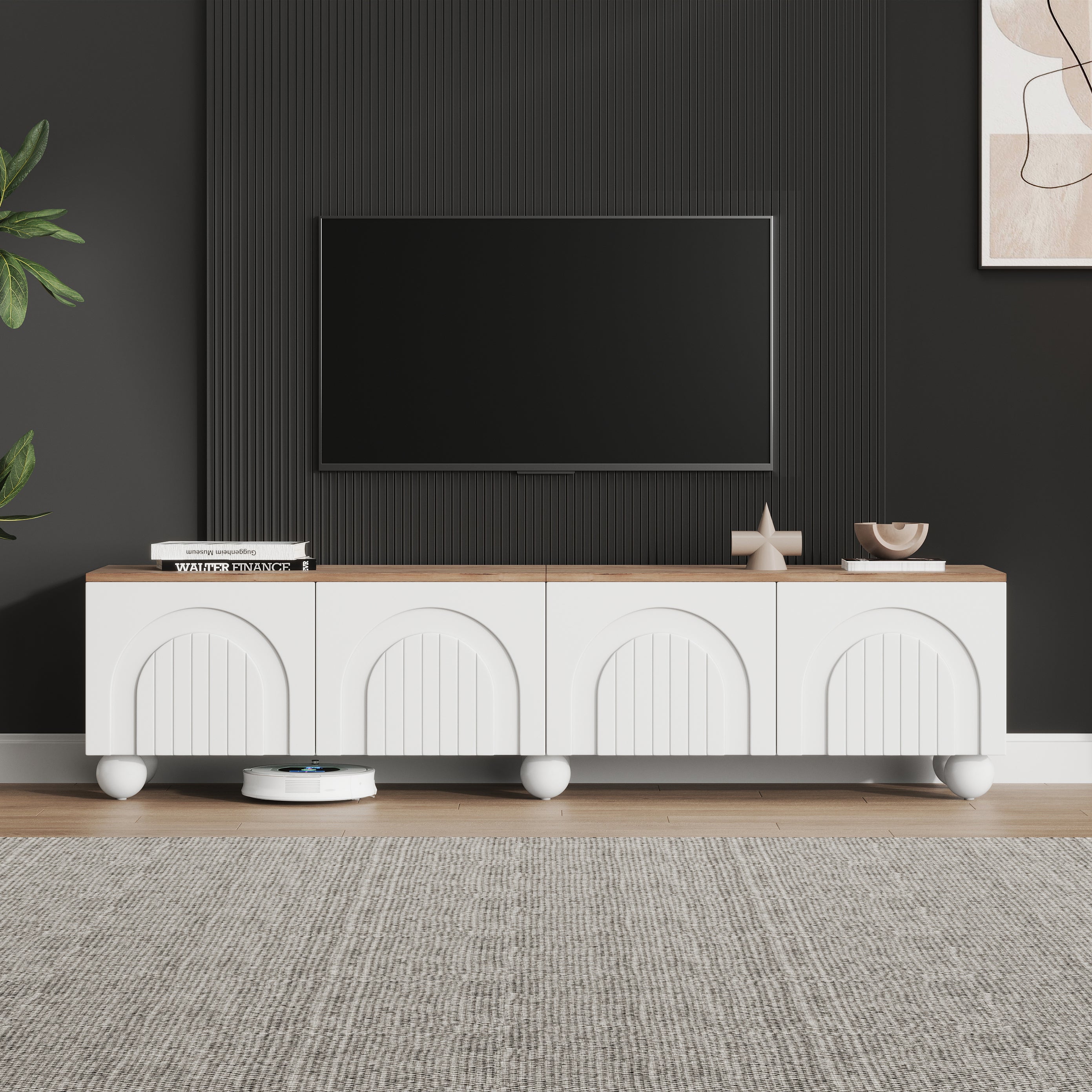 180x40x45cm TV Cabinet With 4 Cabinets,TV Stand And TV Cabinet With 6 Ball Base Metal Legs, Lowboard And TV Stand,TV Board And TV Dresser Suitable For TVs Around 80 Inches, Wood Color White