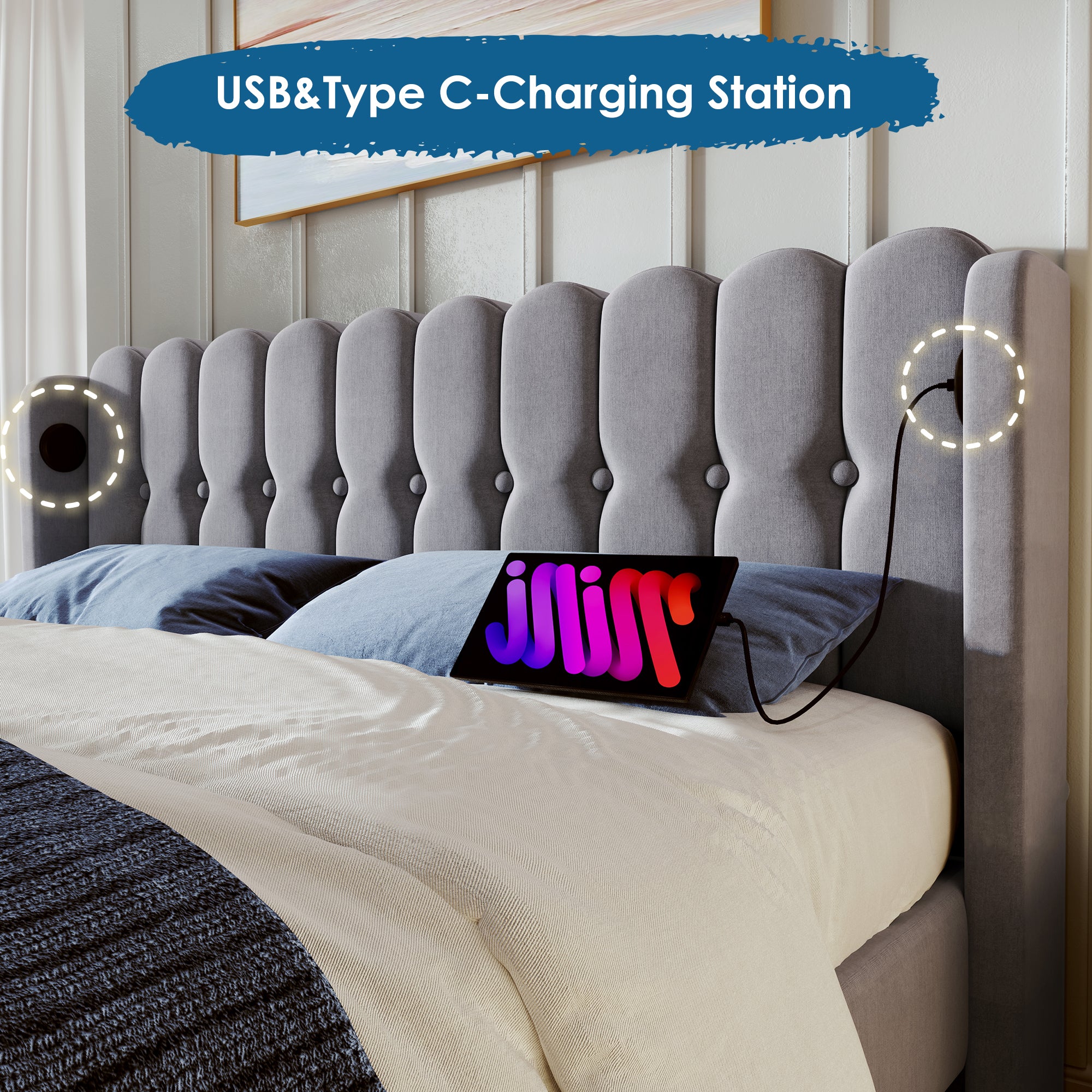 Upholstered Bed Double Bed With USB Type C Charging Function, Bed Frame With Slatted Frame, Upholstered Bed In Grey, 160 X 200 Cm Bed Frame Youth Bed For Bedroom Guest Room Linen Material