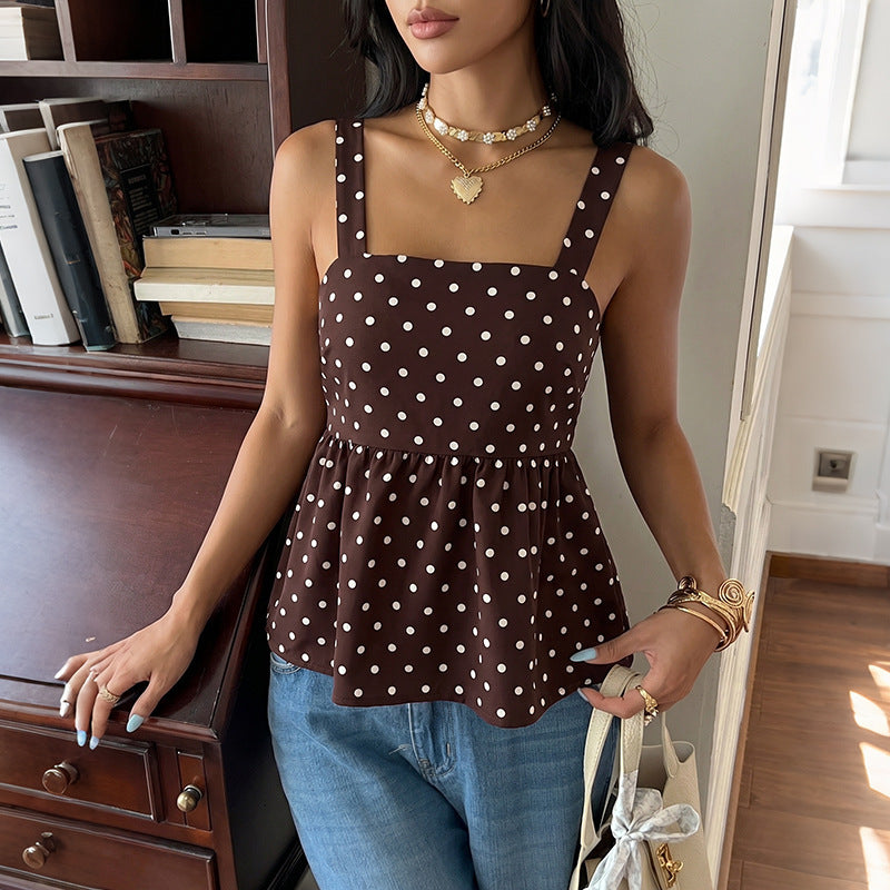 French-style Vintage Wave-patterned Square-neck Ruffled-strap Womens Camisole