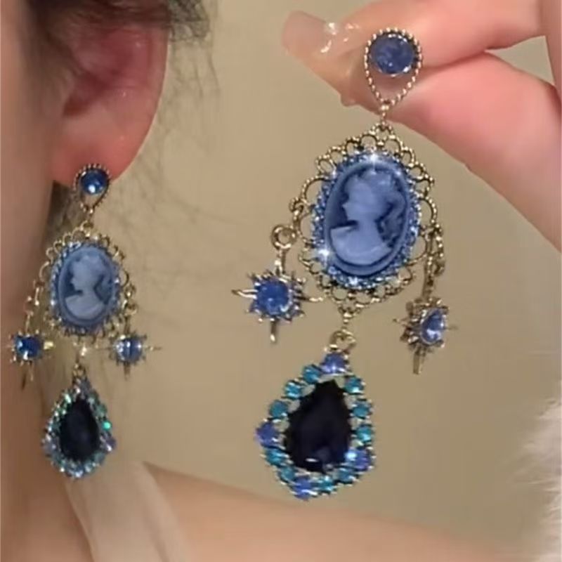 Vintage  Style Light Luxury Tassel Earrings, Exquisite Designer High-End Blue Elegant Jewelry For Noble Ladies
