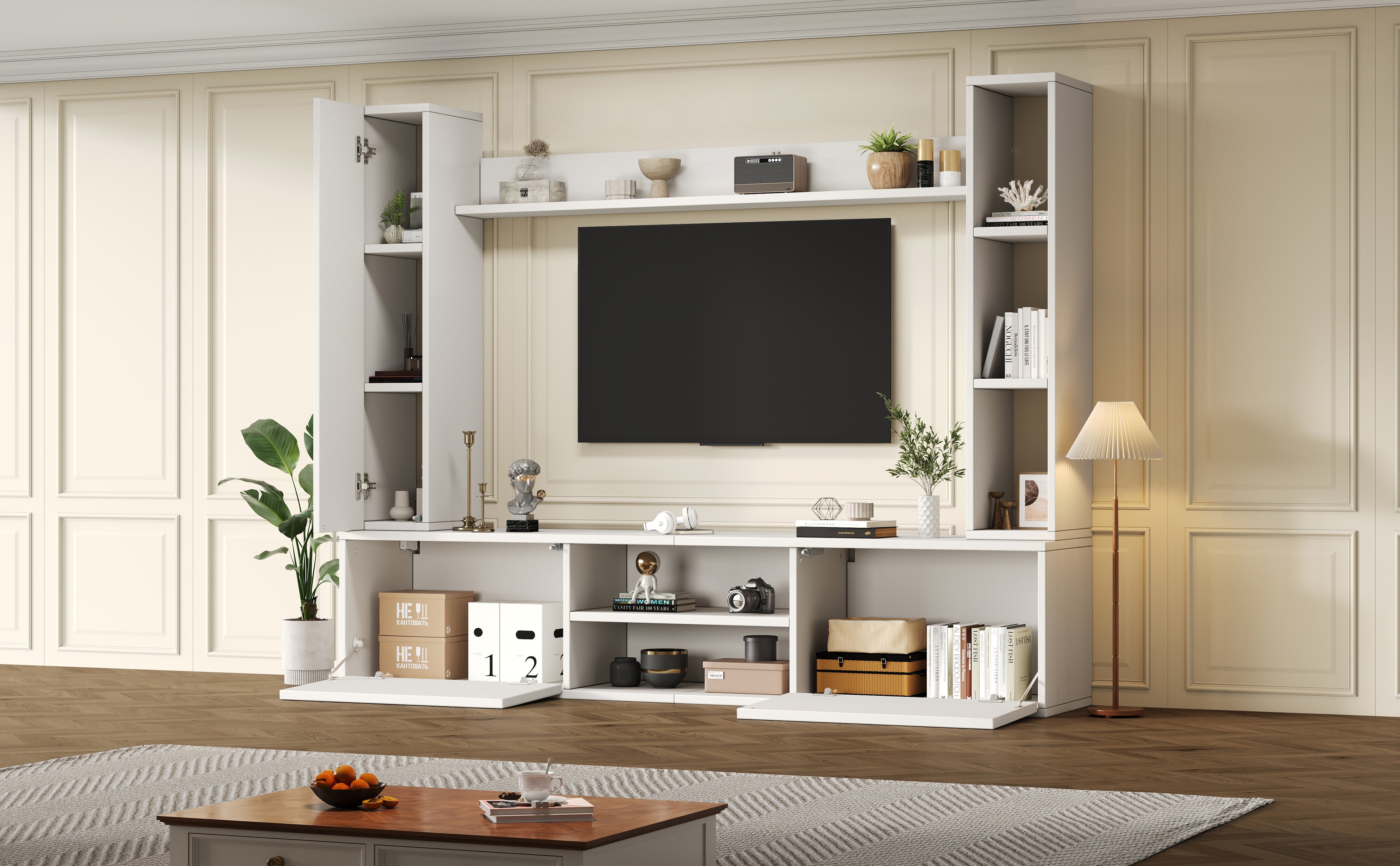 180x35x33.5cm TV Living Wall Set With Showcases Complete Set, 4-Piece,Media Wall Incl.TV Board, Stand Rack And 2 Wall Racks,TV Living Room Furniture Set,TV Wardrobe, Standing&Hanging,TV Up To 80,White