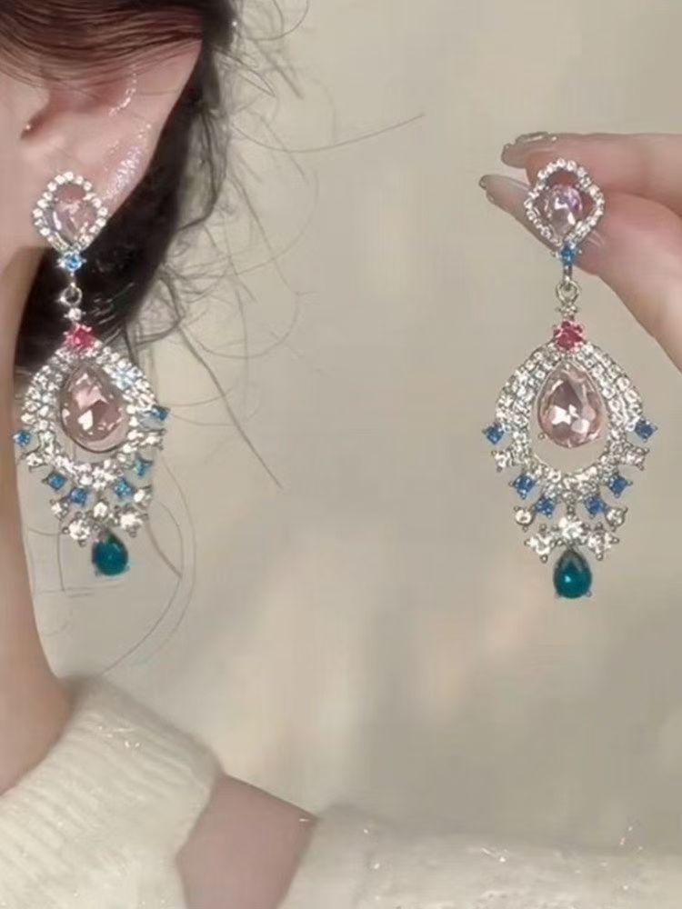Heavy Craft Rhinestone Inlaid Teardrop Zircon Earrings, Vintage Light Luxury Style Women's Ear Jewelry
