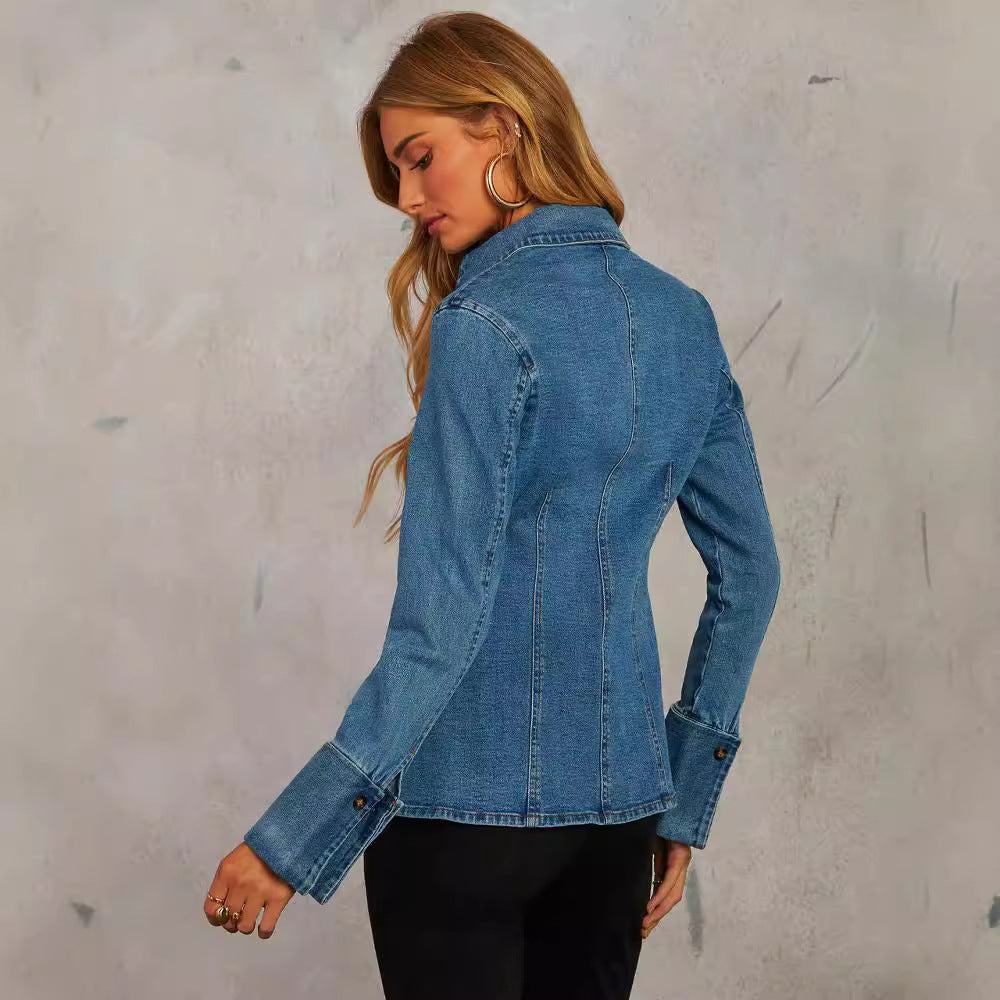 Autumn Casual Lapel Single-breasted Womens Long-sleeve Denim Jacket