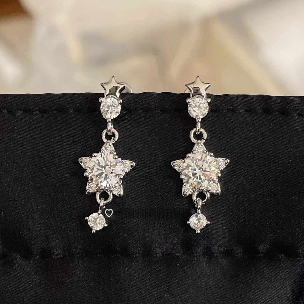 Super Sparkling Five-pointed Star Zircon Pendant Titanium Steel Stud Earrings, Exquisite Star Cartilage Studs Dangle Earrings For Women