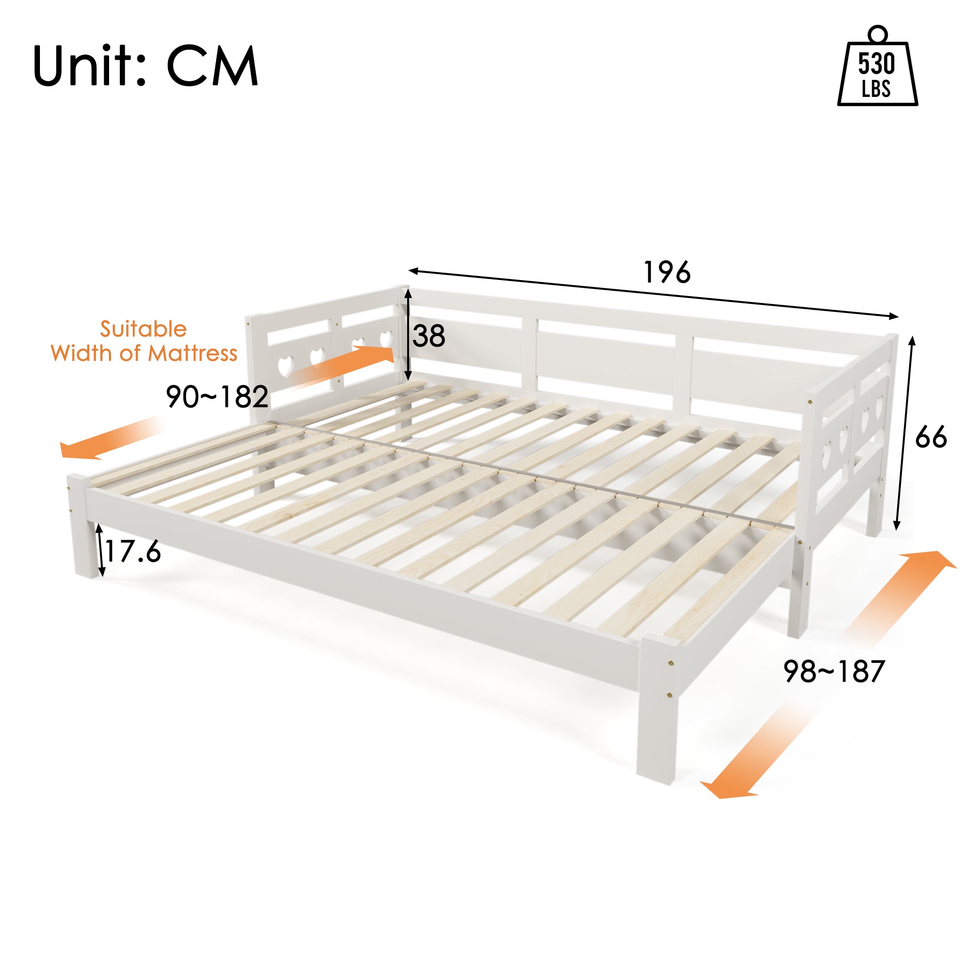 Daybed Daybed, Pull-out Bed, 90x190cm, Solid Pine, With 2nd Bed And Roll-up Grate Heart Shape Bed White