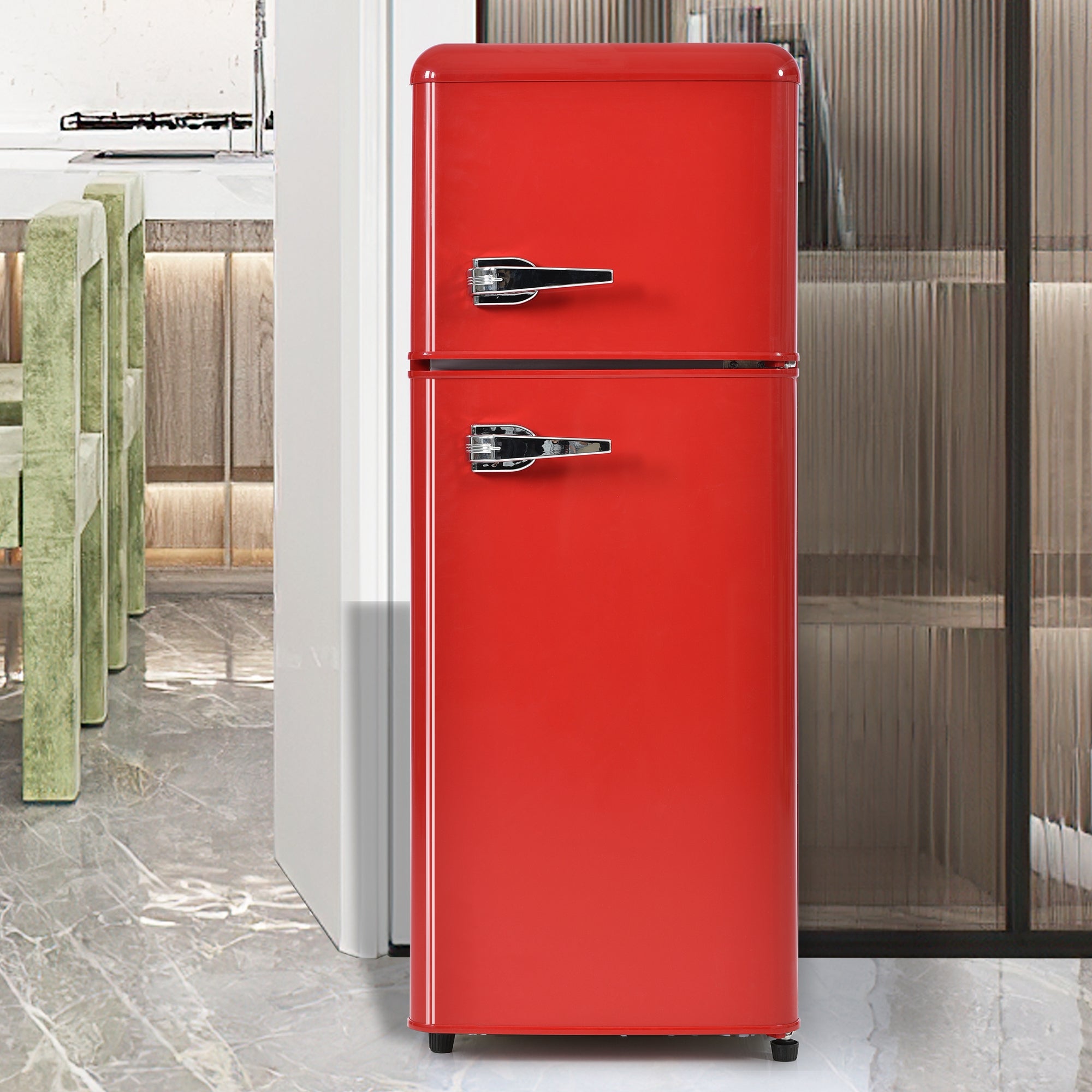 Retro Fridge-freezer Combination105.5 Cm High, 41 Cm Wide, Two-door92-liter Total Capacity, 28-liter Freezer Capacity. Features Door Shelves And Glass Shelves. 116 KWhyear, Temperature Range