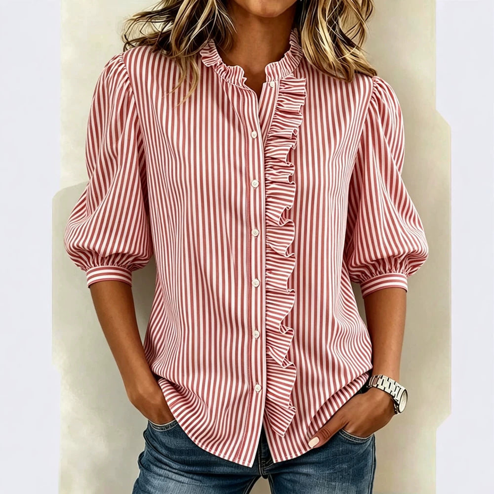 Puff-sleeved Button-up Summer Ruffled-edge Striped Loose-fit Blouse For Women