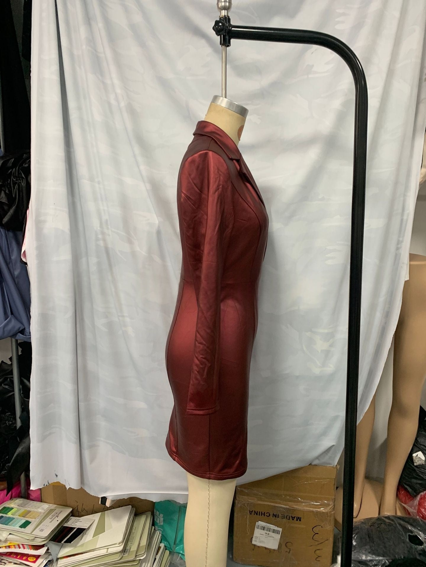 Womens Leather V-neck Slim-fit Dress
