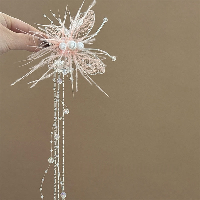 Ethereal Butterfly Pearl Tassel Headpiece With A Fairy-like Feathered Sidesophisticated And Luxe