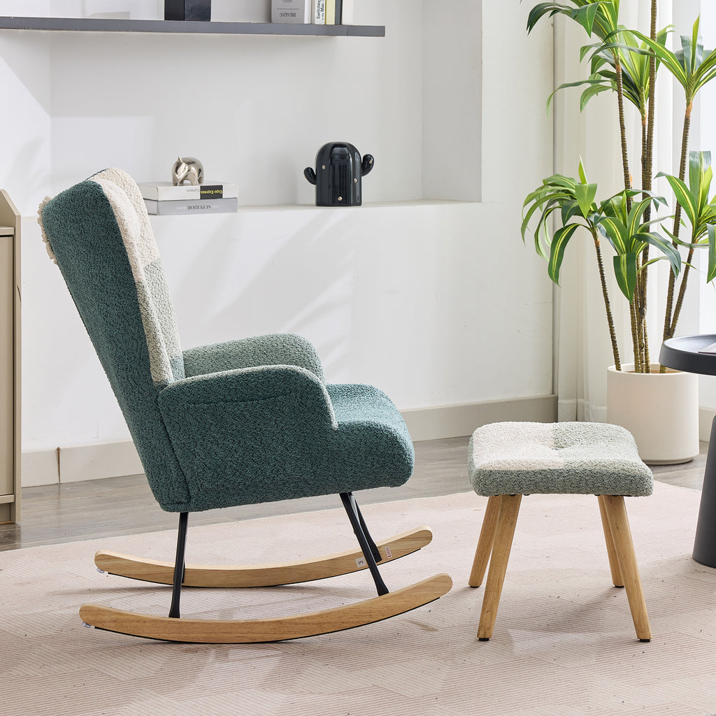 Boucle Rocking Chair, Rocking Chair In Colorful Patchwork Stripe Look, Armchair Legs Made Of Rubber Wood, Frame Made Of Injected Iron, Living Room Armchair, Bedroom Armchair With Footstool