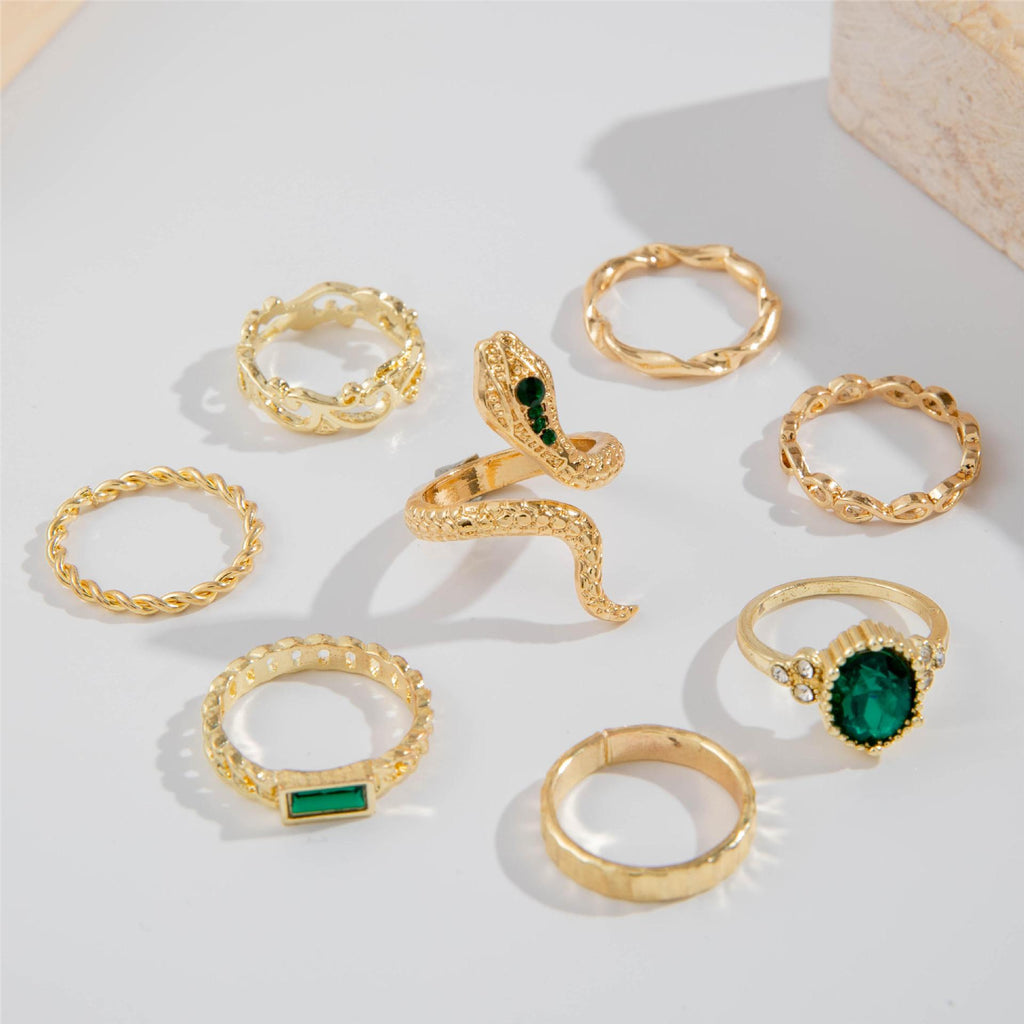 Vintage Emerald And Diamond Snake-Shaped Gemstone Ring Set