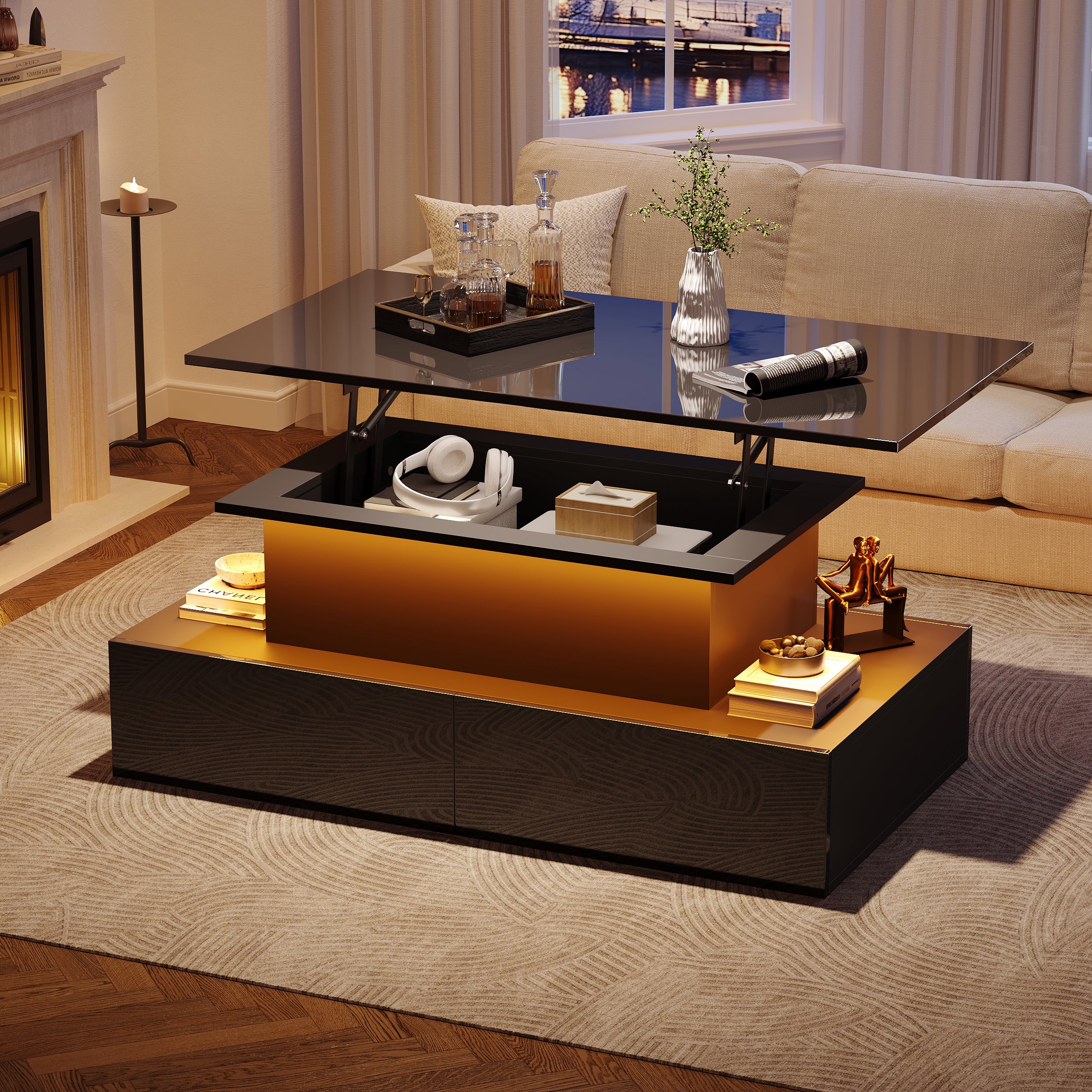 Modern Black High Gloss Coffee Table With LED Lighting And 4 Drawers - Stylish Side Table 90x55x41 Cm With Storage For Up To 30 Kg