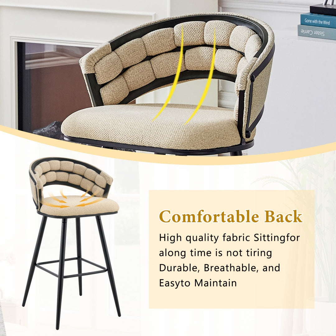 Set Of 2 Beige Chenille Bar Stools With Black Iron Legs, Modern Kitchen Island Counter Height Stools