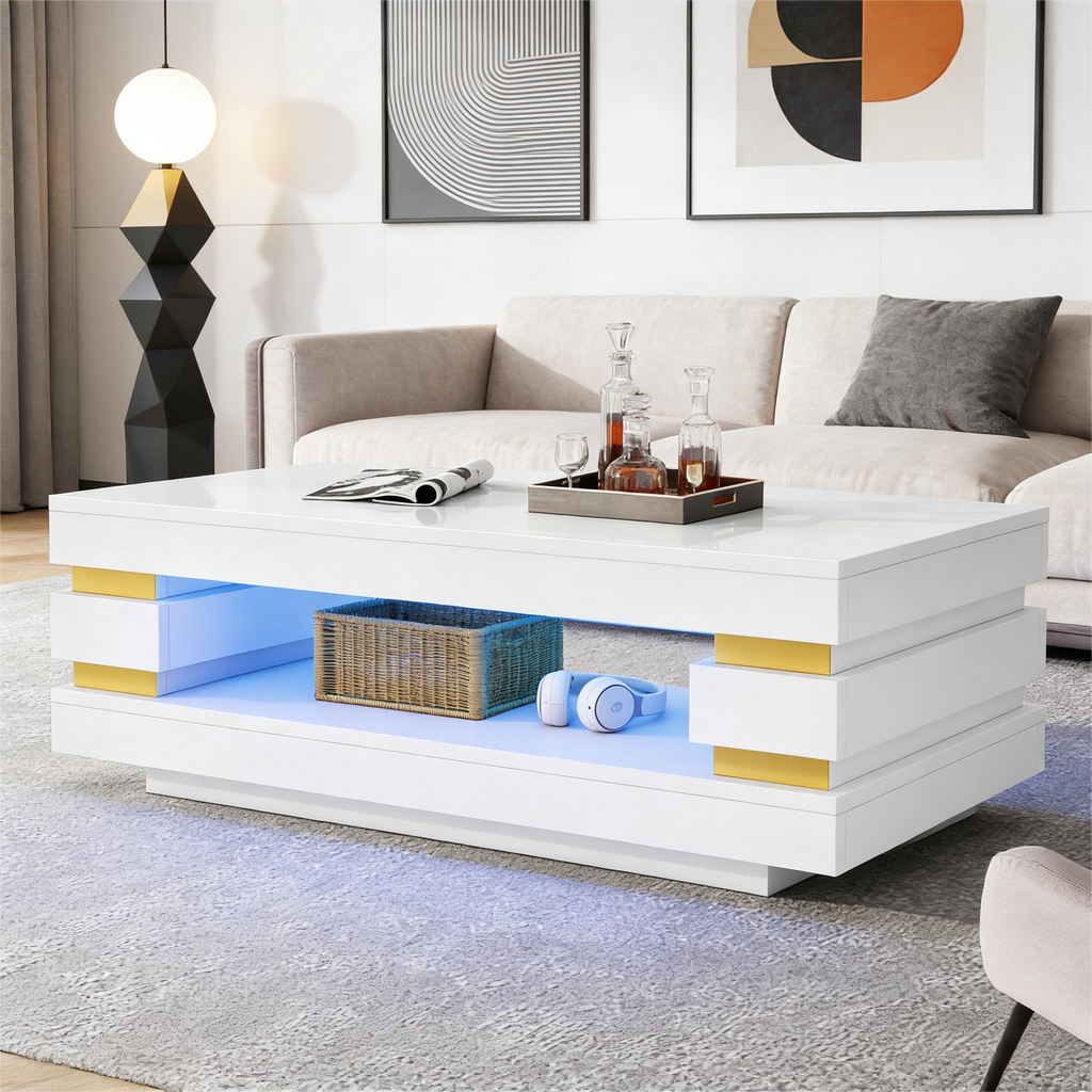 Coffee Table 100X50X35cm With Hollowed-out Center For Storage, Coffee Table, Teetish High Gloss LED Strip Lighting, Ideal For Small Apartments, Made Of Chipboard, White.
