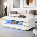 Coffee Table 100X50X35cm With Hollowed-out Center For Storage, Coffee Table, Teetish High Gloss LED Strip Lighting, Ideal For Small Apartments, Made Of Chipboard, White.