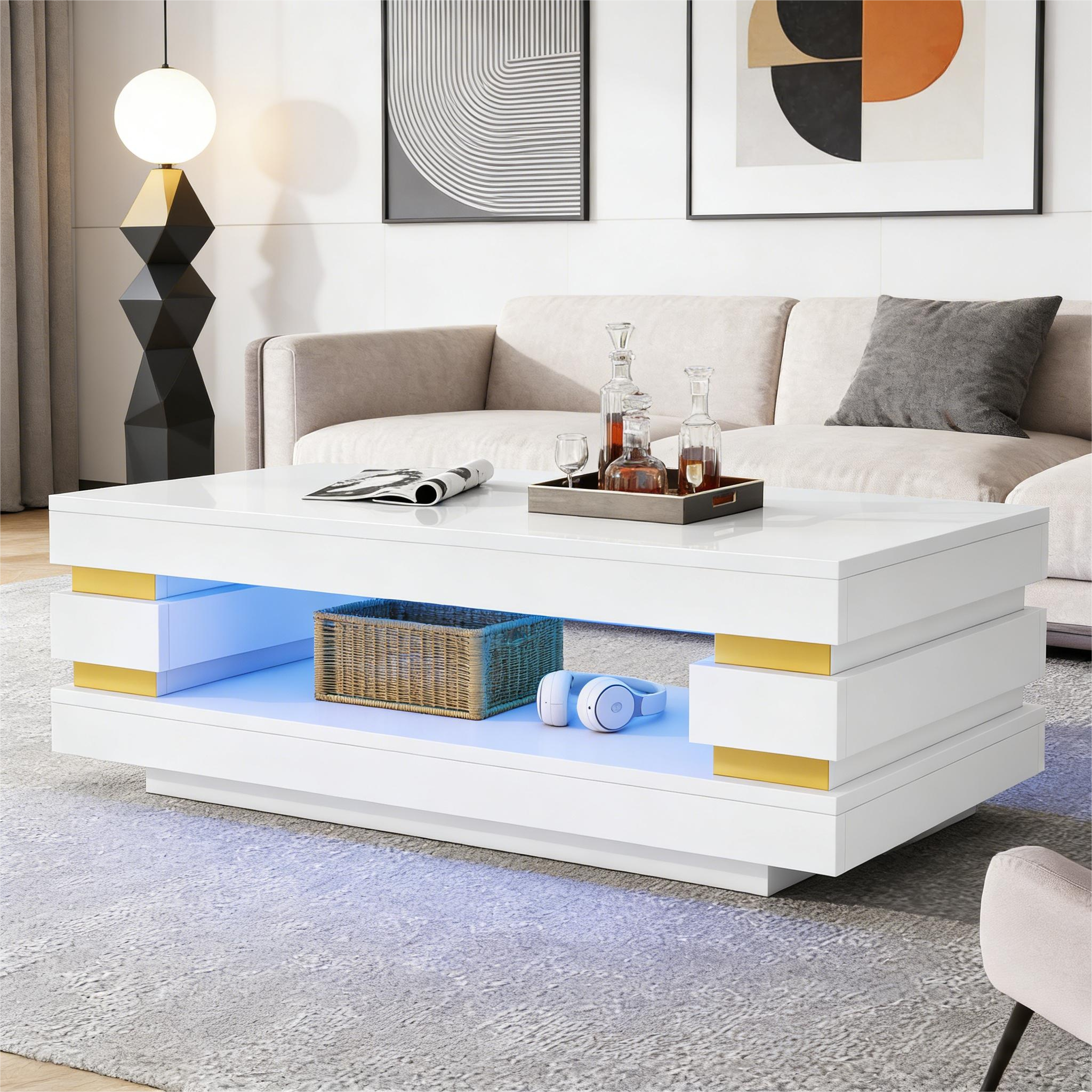 Coffee Table 100X50X35cm With Hollowed-out Center For Storage, Coffee Table, Teetish High Gloss LED Strip Lighting, Ideal For Small Apartments, Made Of Chipboard, White.
