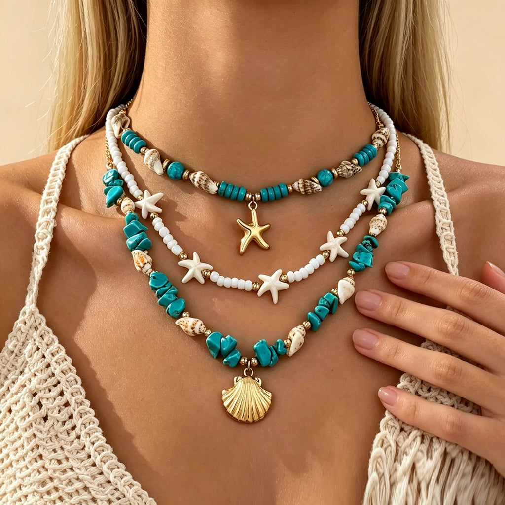 Turquoise Starfish Shell Multi-Strand Necklace