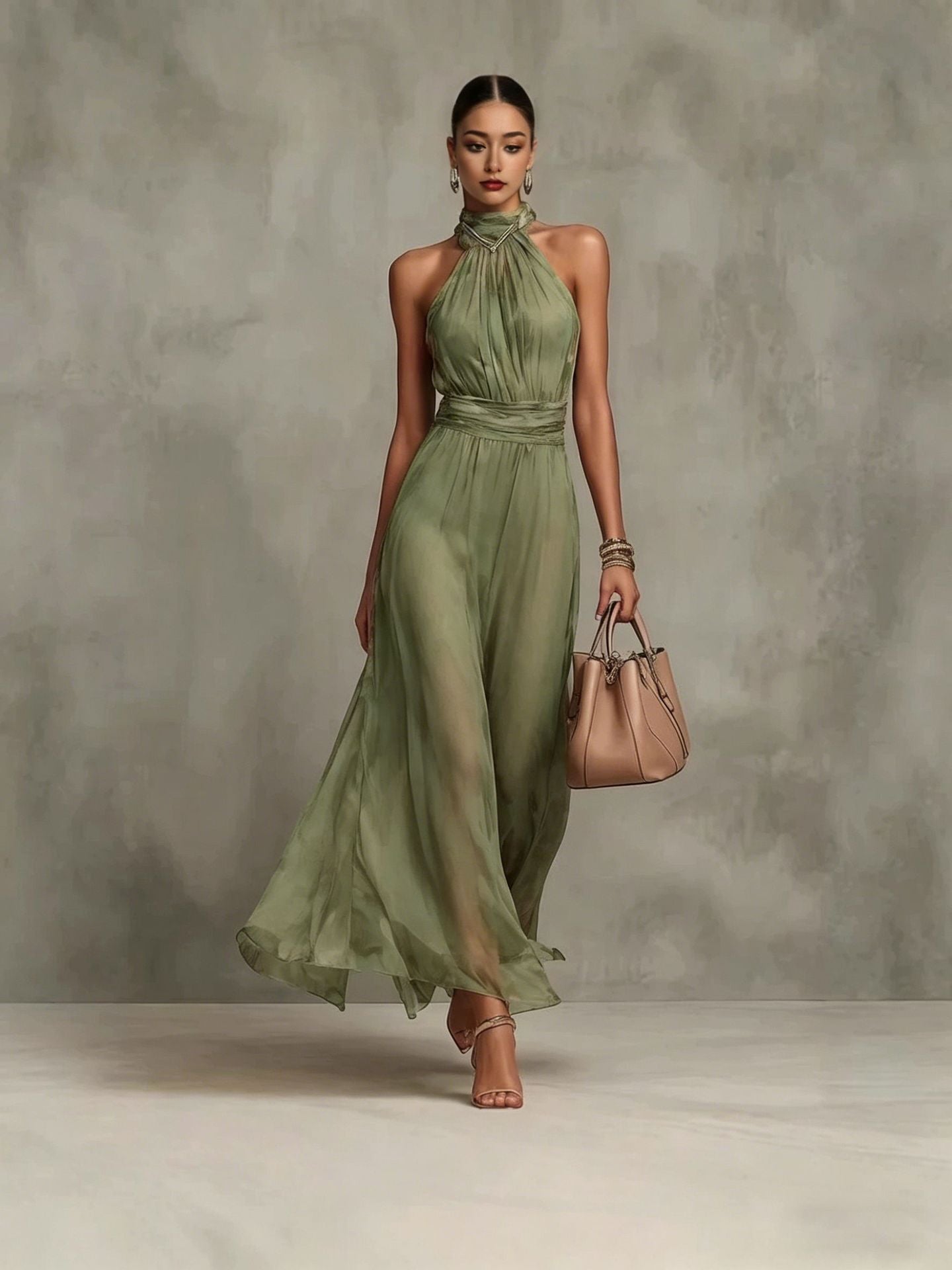 Resort-style Waist-cinching Figure-flattering Pleated Dress