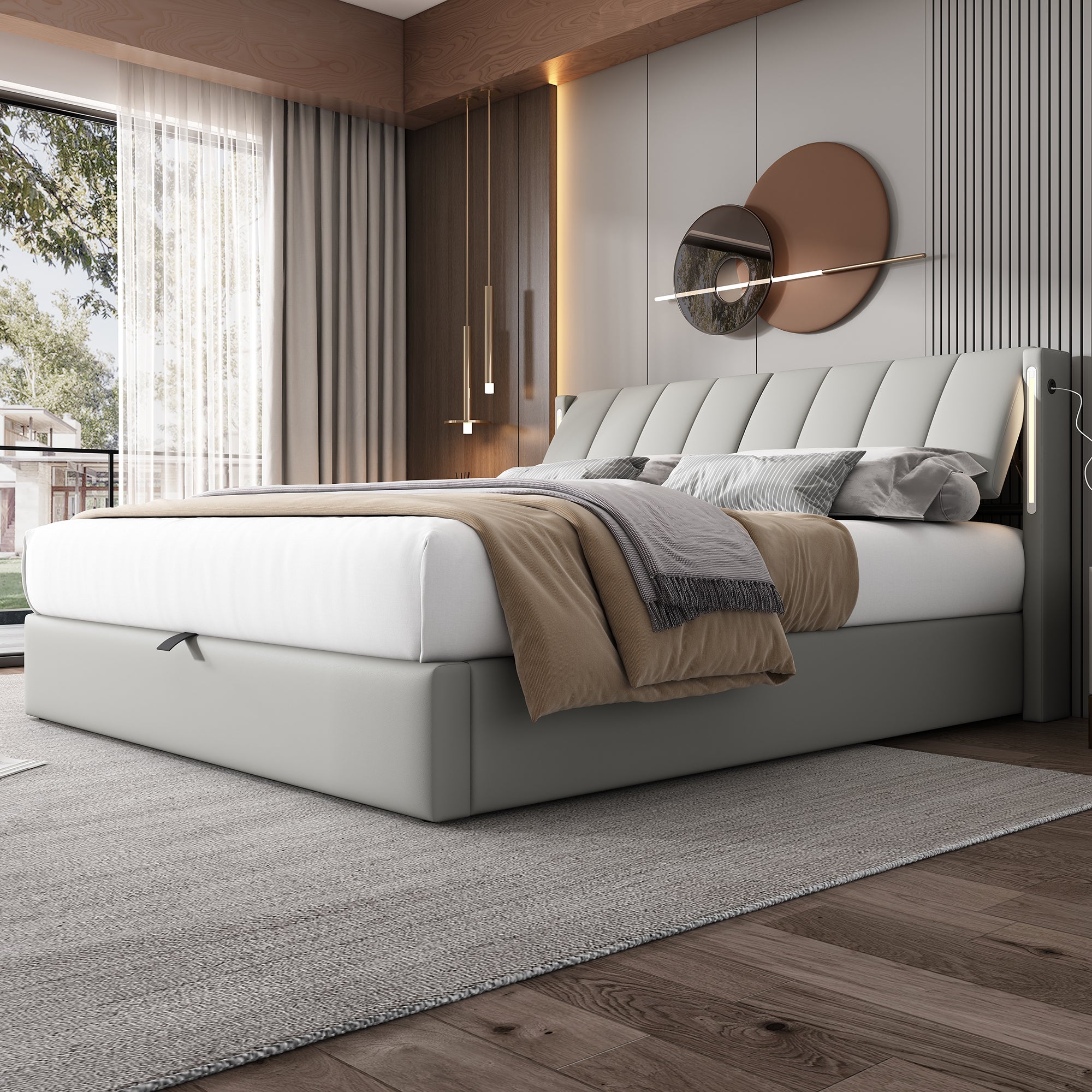 Binaural LED Upholstered Bed 140 X 200 Cm, Hydraulic Bed, Rechargeable USB Port In Bed, With LED Lighting, With Storage, Adjustable Headboard, PU, Grey