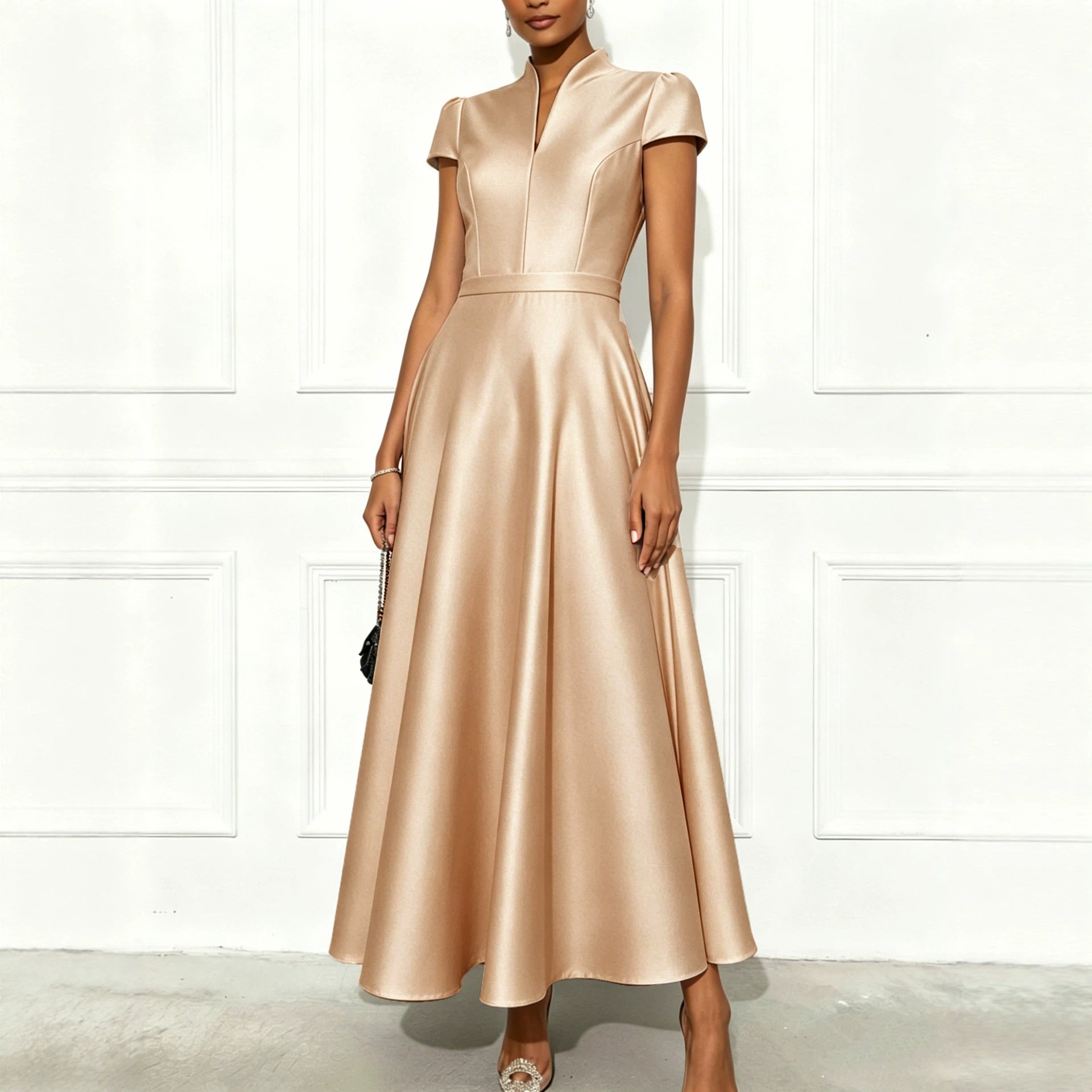 Solid-color Knitted Satin Short-sleeve Waist-cinching Swing Dress