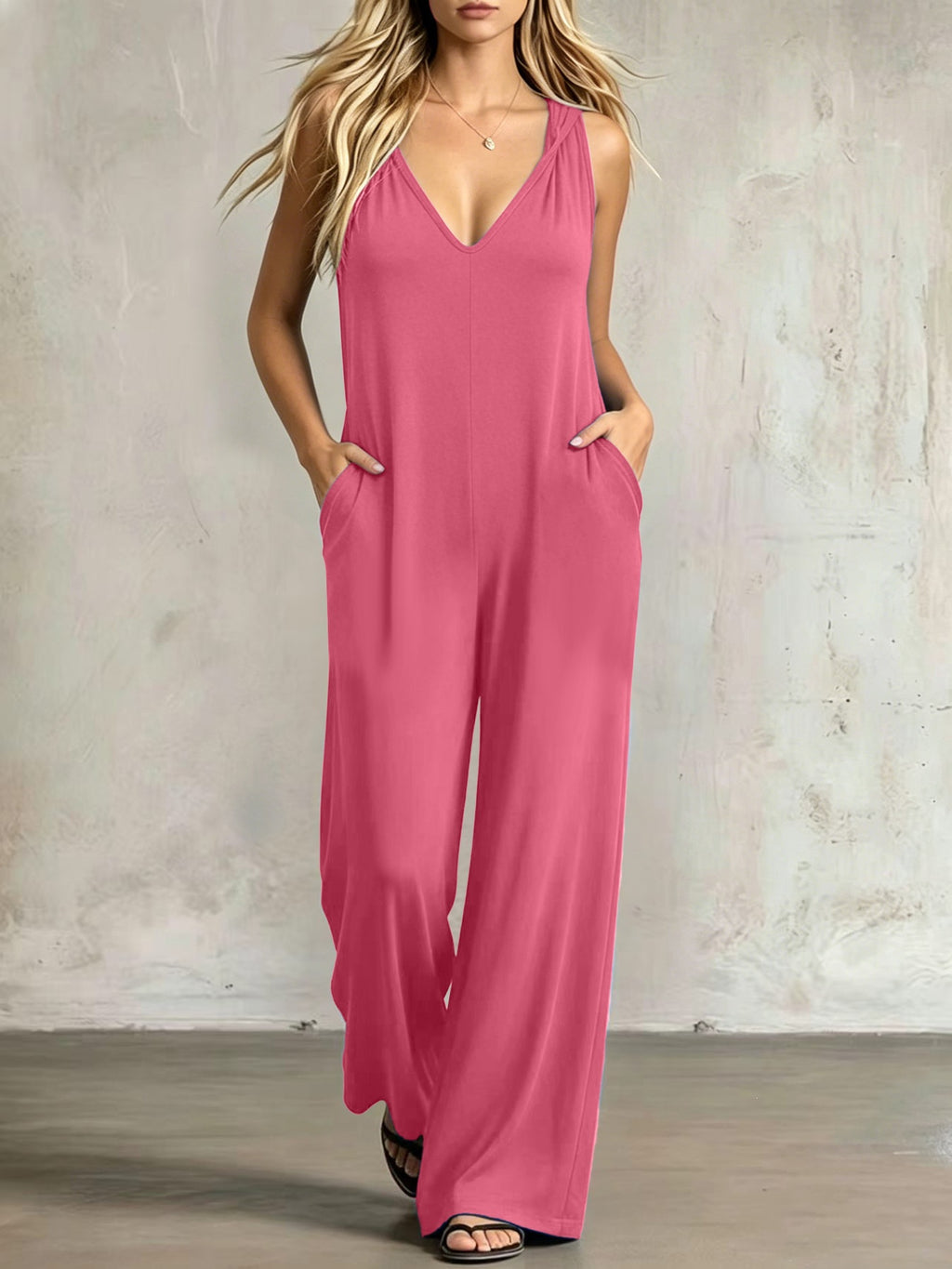 Simple V-neck Pocket Solid-color Hooded Jumpsuit