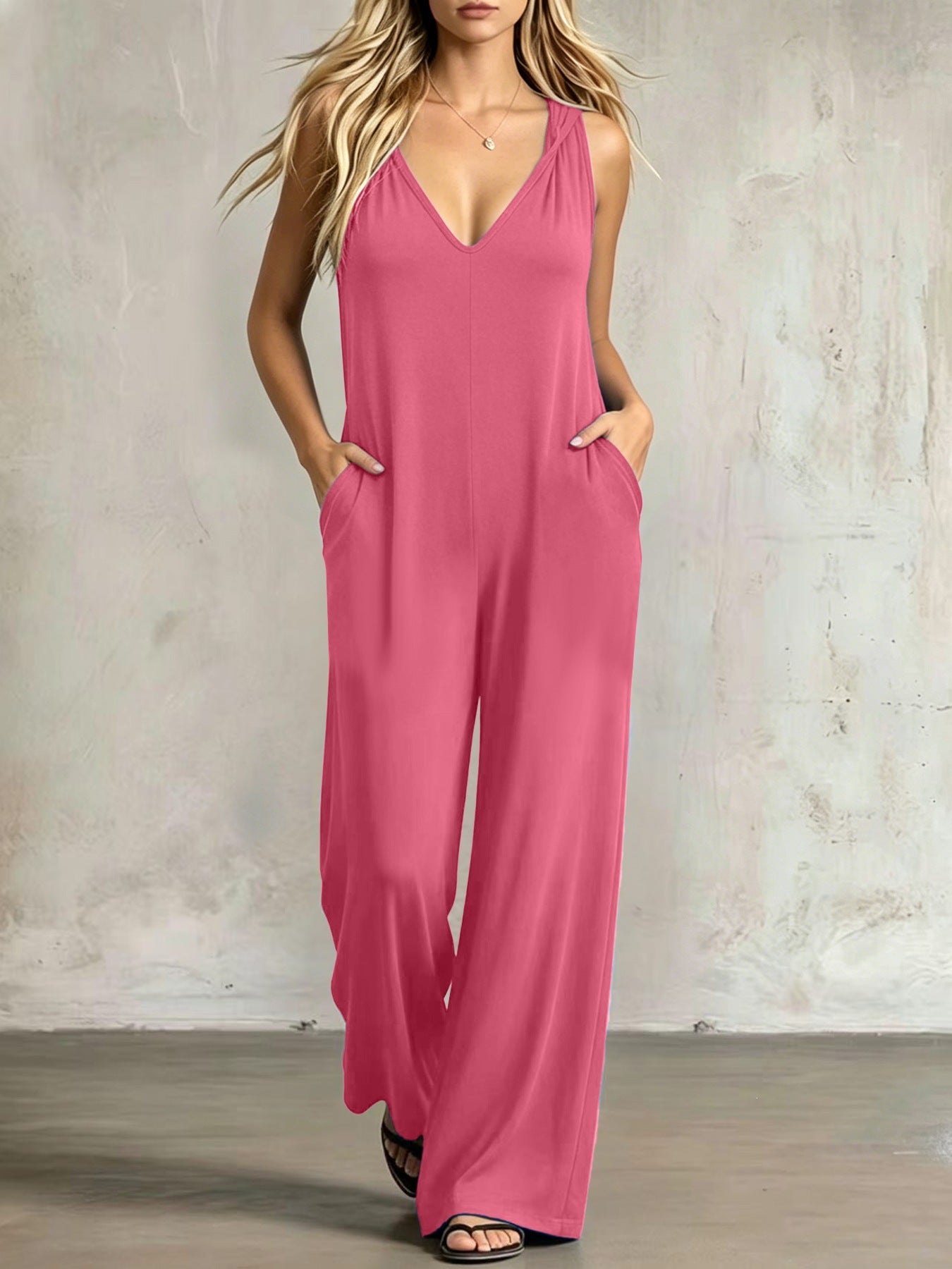 Simple V-neck Pocket Solid-color Hooded Jumpsuit
