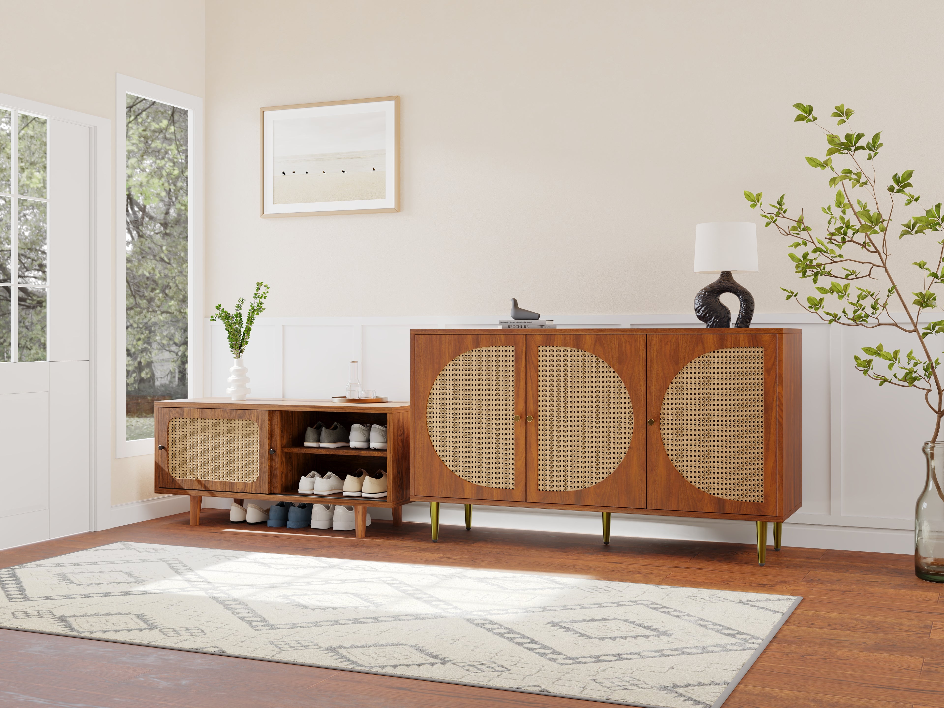 Rattan Sideboard Set For Living Room - Rattan Chest Of Drawers And Shoe Cabinet Combination, Walnut