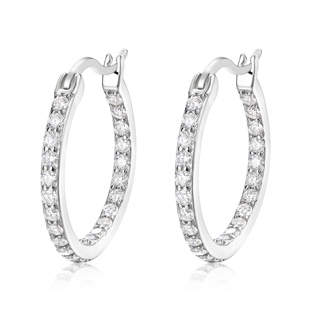S925 Sterling Silver Pave Hoop Earrings, 46 D-VVS1 Moissanite, Platinum Plated 3g, Women's Fine Jewelry Gift Box