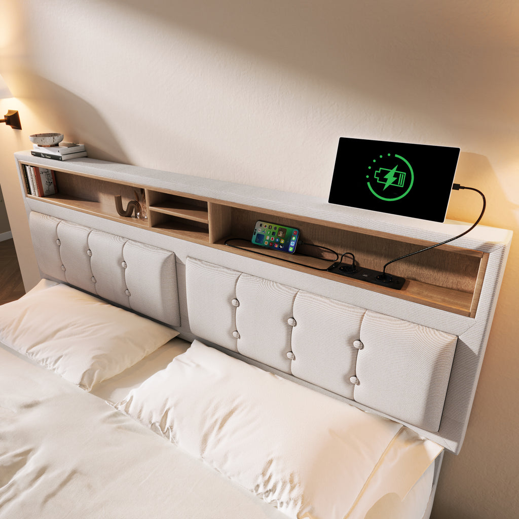 Double Bed With 4 Drawers & USB C Socket, Upholstered Bed 140x200cm, Height-adjustable Headboard, Wooden Slatted Frame  Without Mattress