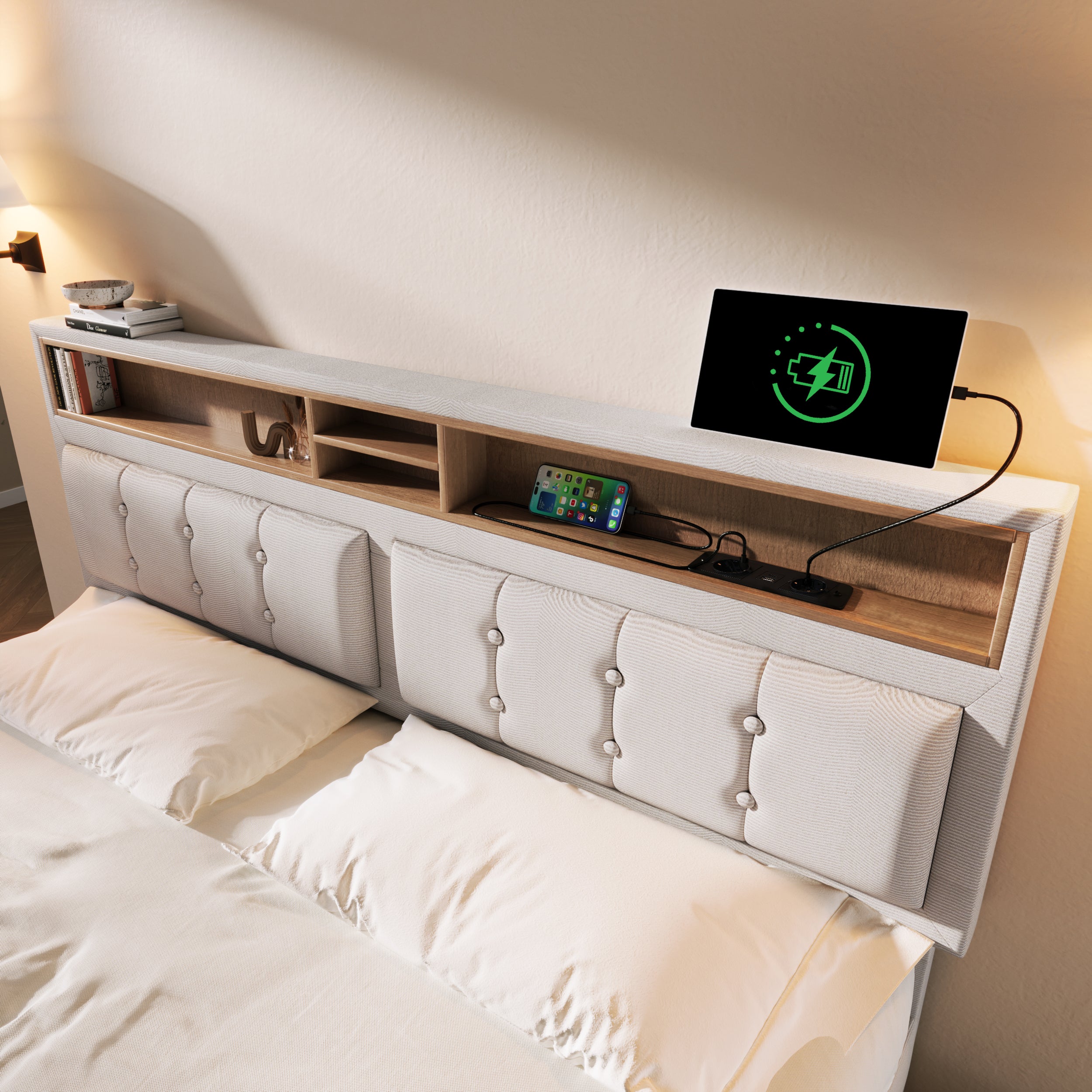 Double Bed With 4 Drawers & USB C Socket, Upholstered Bed 140x200cm, Height-adjustable Headboard, Wooden Slatted Frame  Without Mattress