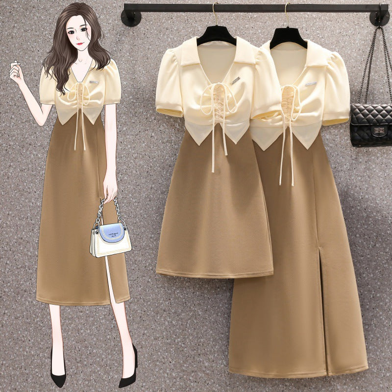 Foreign Style Slim Fitting Short Sleeved Split Dress For Women