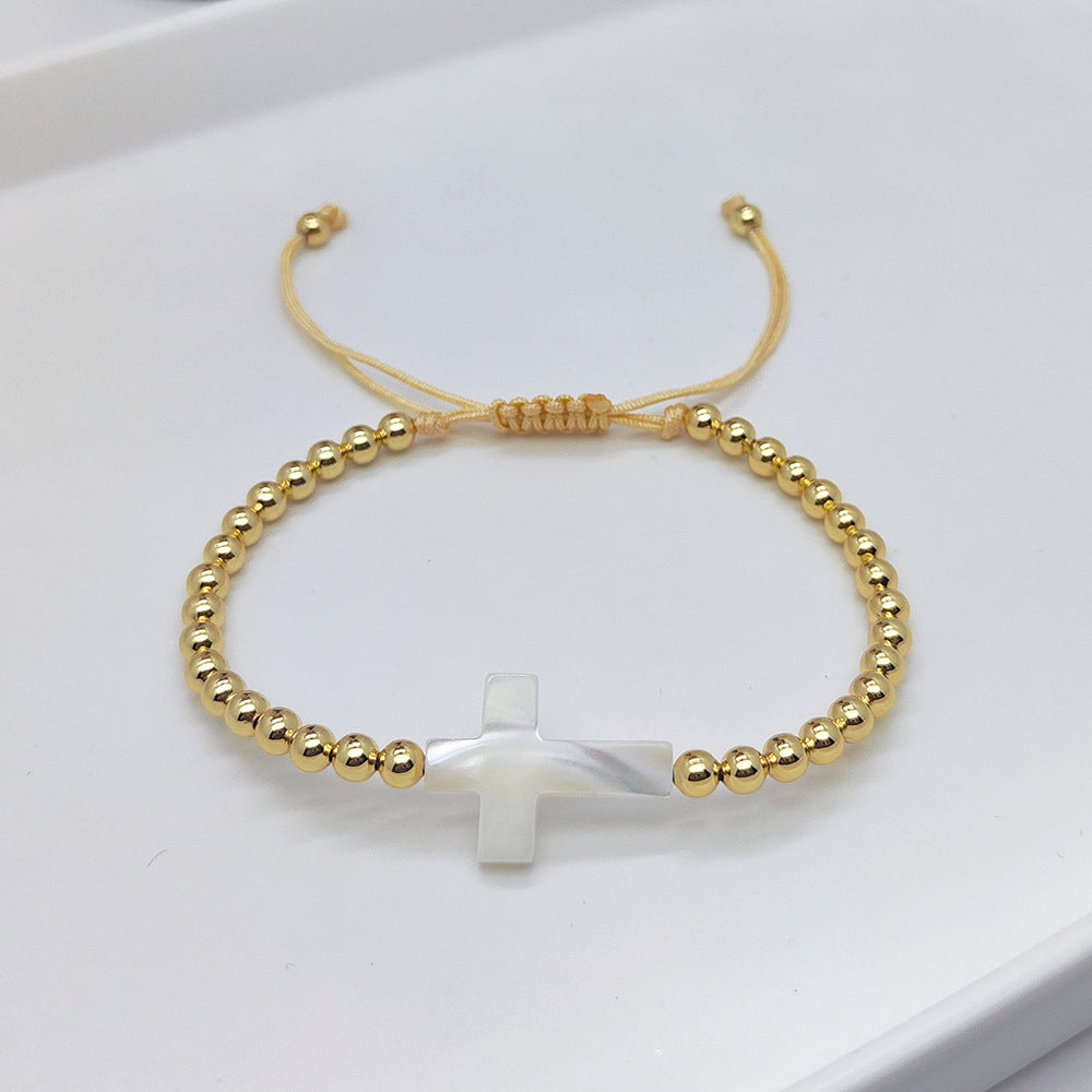 Womens Natural Shell Cross Beaded Copper-Gold-Plated Bracelet