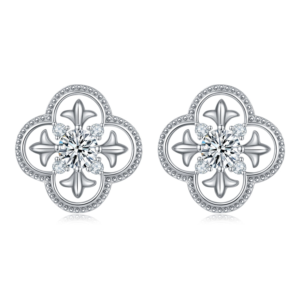 S925 Sterling Silver Clover Stud Earrings, 0.5ct D-VVS1 Moissanite, Platinum Plated Beaded Edge, 2.7g Women's Jewelry Gift Box
