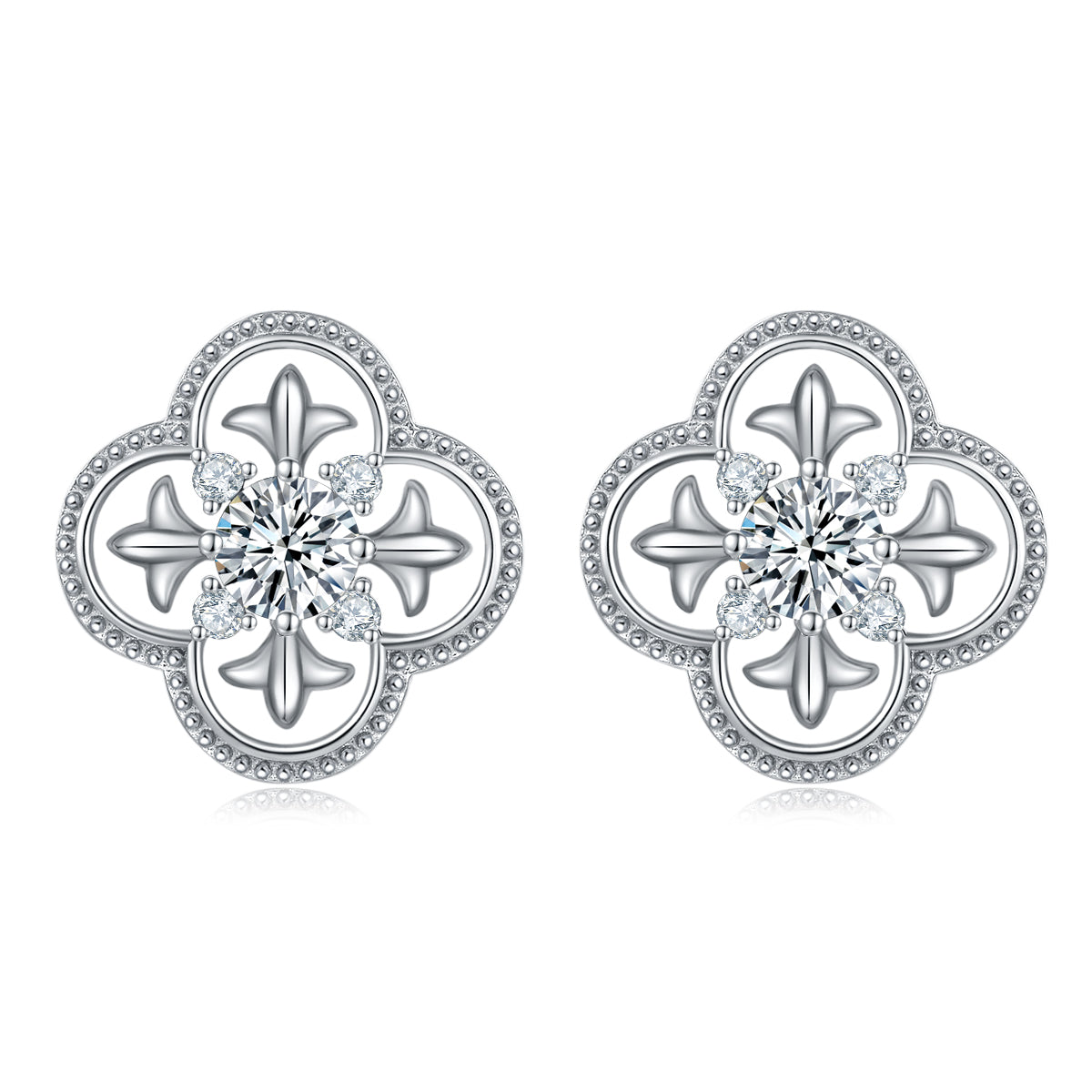 S925 Sterling Silver Clover Stud Earrings, 0.5ct D-VVS1 Moissanite, Platinum Plated Beaded Edge, 2.7g Women's Jewelry Gift Box