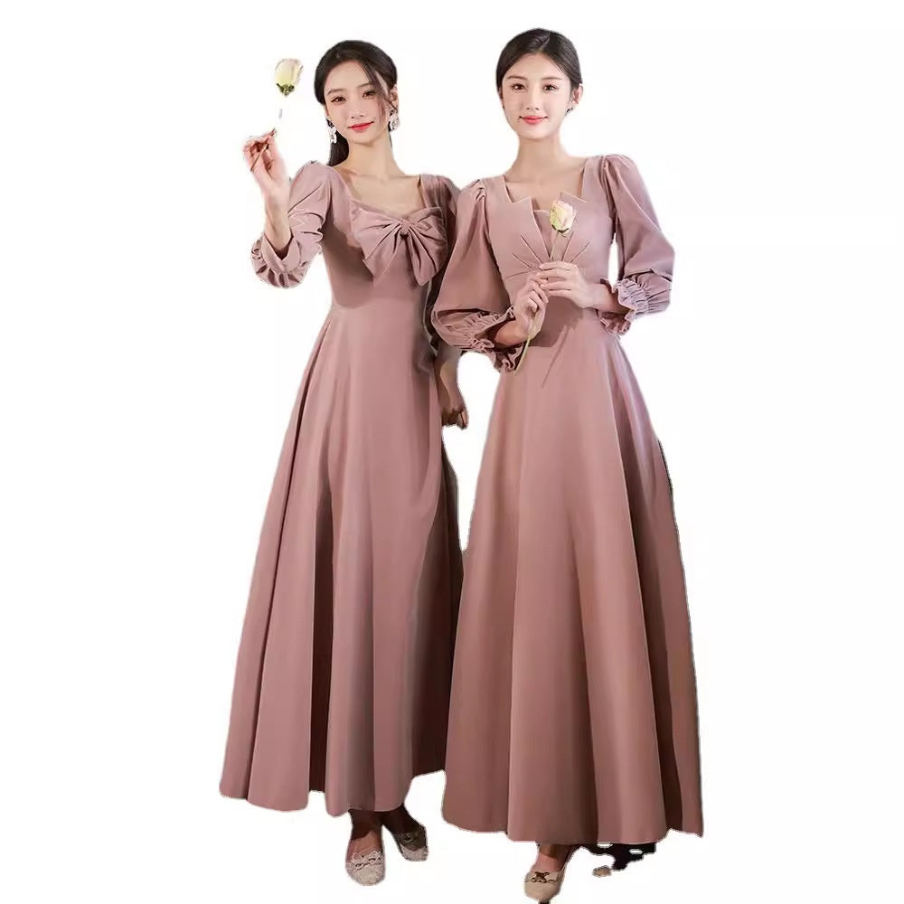 Long-sleeved Velvet Sister-crew Evening Dress For Women