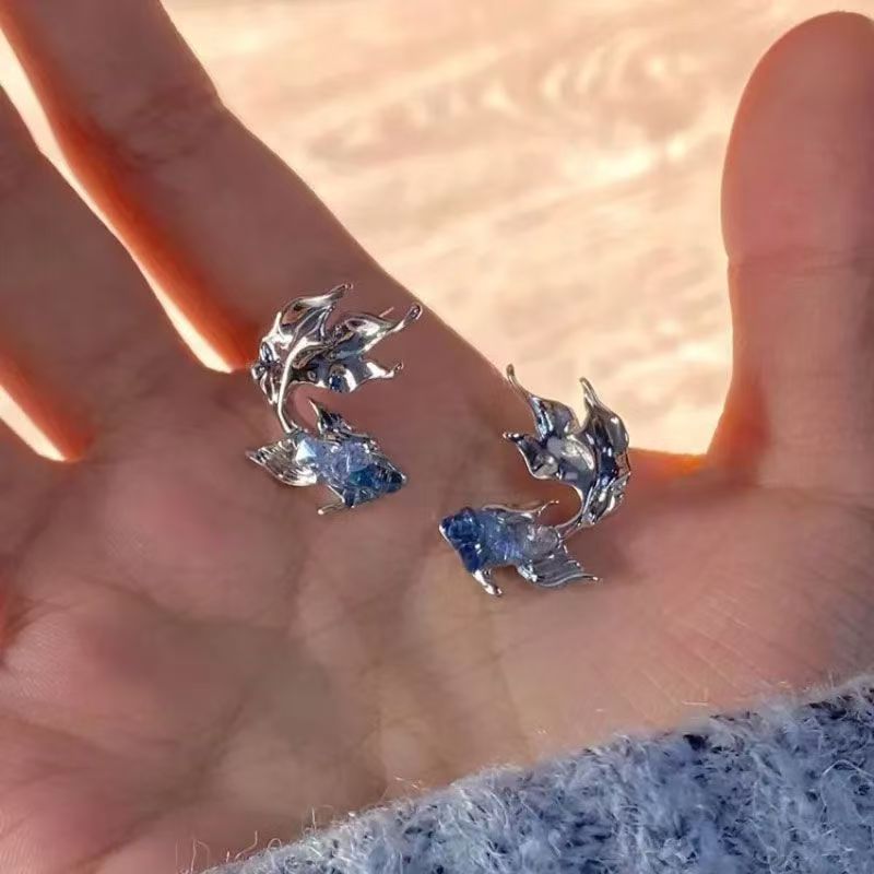 Mosquito Coil Pad Clip On Earrings, Cold Tone Gradient Blue Goldfish Studs, Niche Unique Love And Deepspace Qi Yu Peripheral Cosplay Ear Jewelry For Women