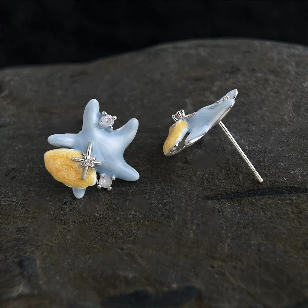 Original Designed Enamel Glaze Creamy Blue Starfish & Shell Zircon Stud Earrings, Niche Personalized Light Luxury High-End Ear Jewelry For Women