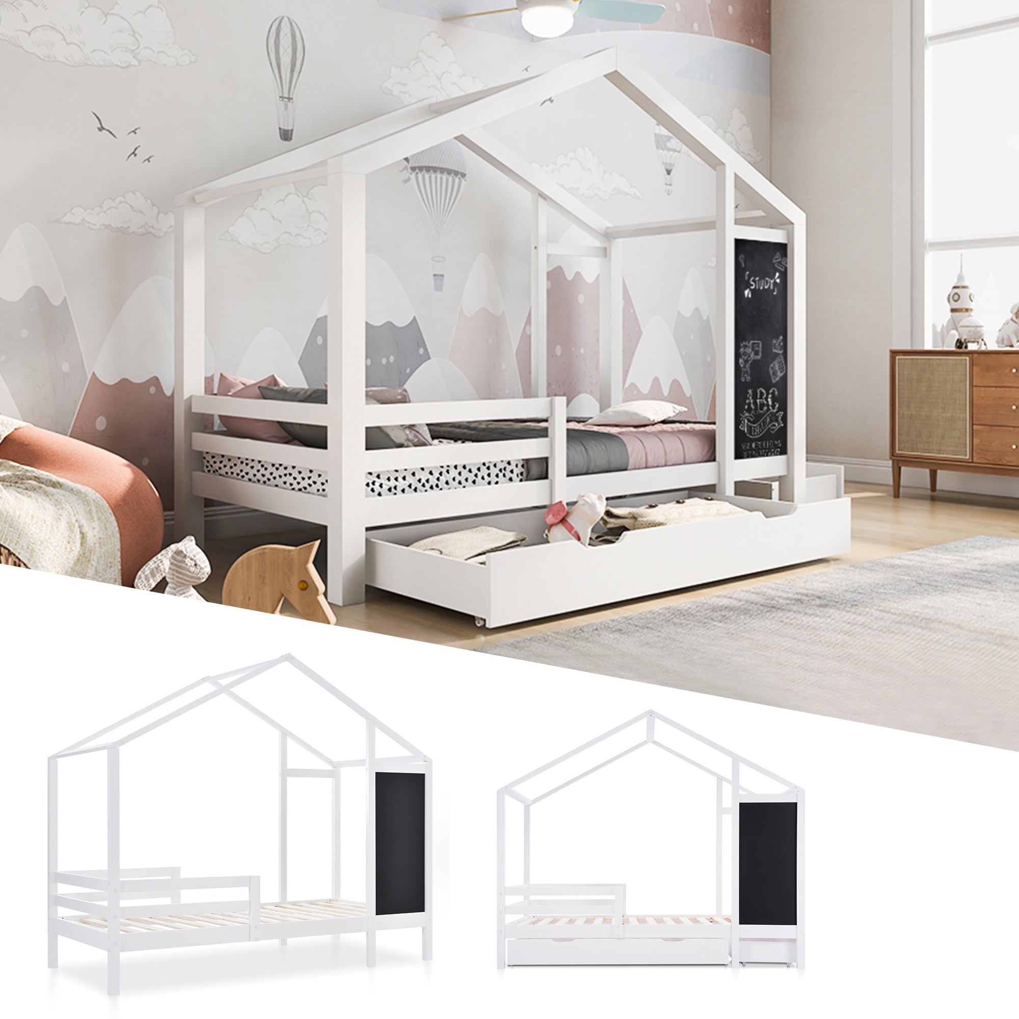 Children's Bed House Bed 90 X 200 Cm, Wooden Bed With Blackboard And 2 Drawers, Solid Wood With Fence And Slatted Base, White  Without Mattress