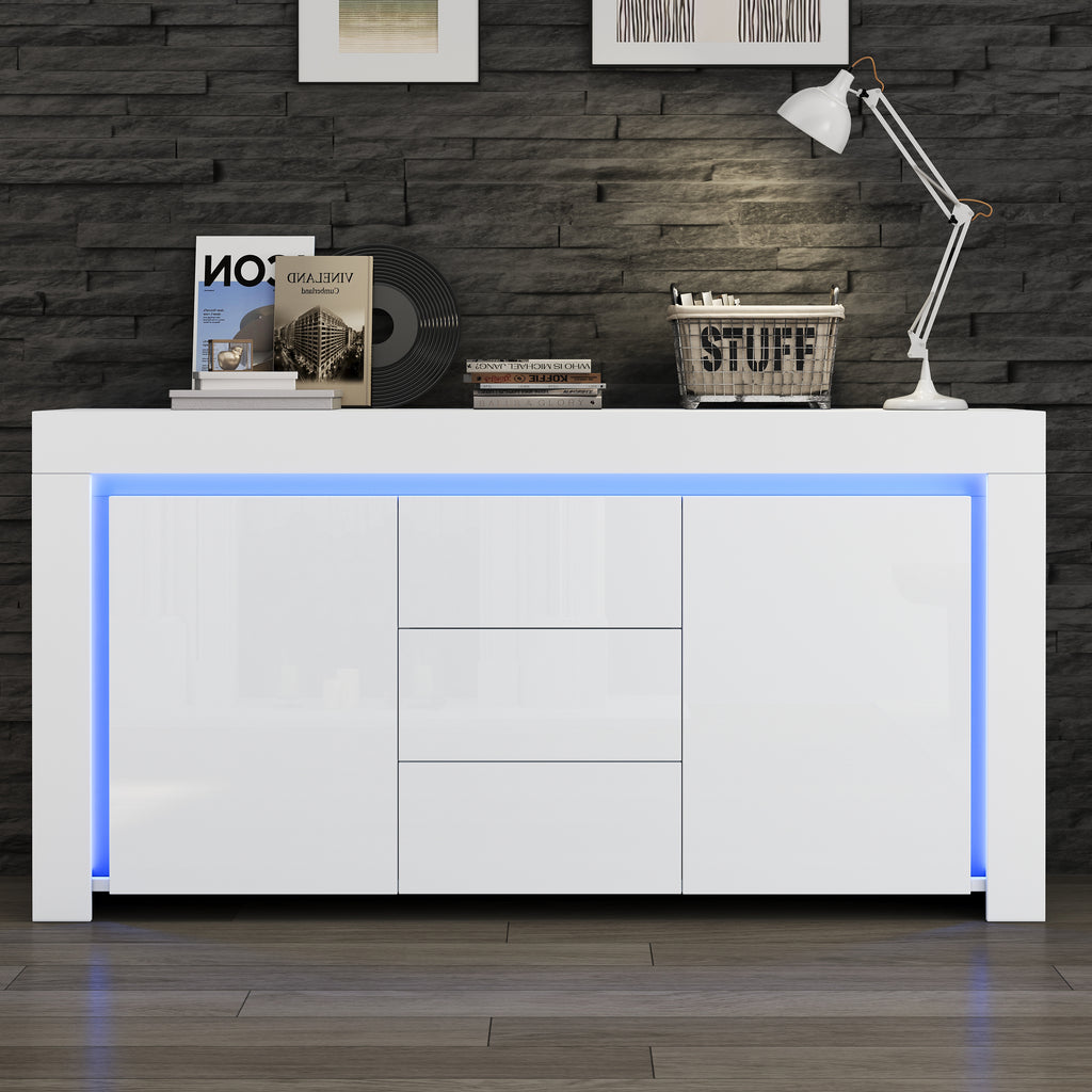 140x40x65cm Living Room Cabinet,Modern Chest Of Drawers With 3 Drawers,2 Doors,Width 140cm,High Gloss Side Cabinet With LED Light Strip,Sideboard With Storage Space,Suitable For Hallways, Living Rooms