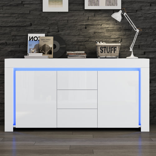 140x40x65cm Living Room Cabinet,Modern Chest Of Drawers With 3 Drawers,2 Doors,Width 140cm,High Gloss Side Cabinet With LED Light Strip,Sideboard With Storage Space,Suitable For Hallways, Living Rooms