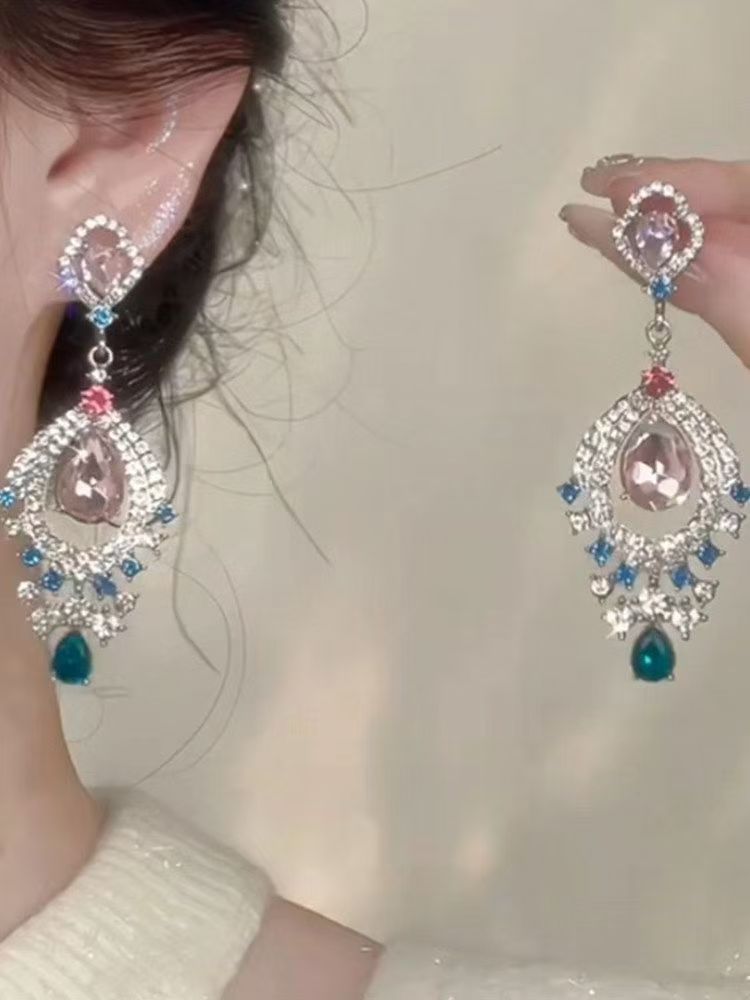Heavy Craft Rhinestone Inlaid Teardrop Zircon Earrings, Vintage Light Luxury Style Women's Ear Jewelry